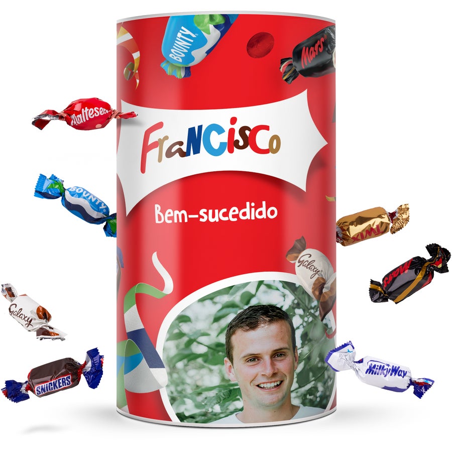 Tubo Celebrations com nome e foto Tubo Celebrations com nome Francisco e foto personalizada de um homem, com a mensagem Bem-sucedido