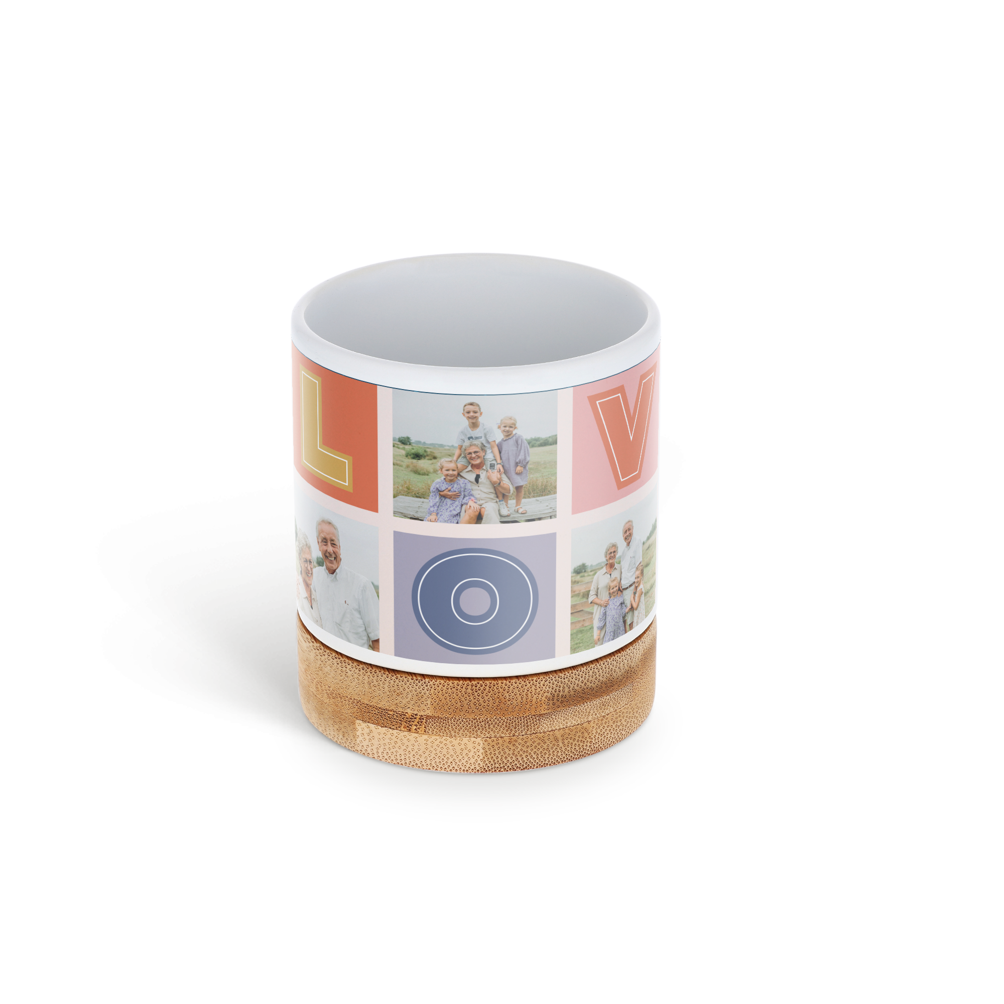 Personalized ceramic flower pot printed with a photo collage spelling LOVE on a bamboo coaster, giving greenery a personal touch.