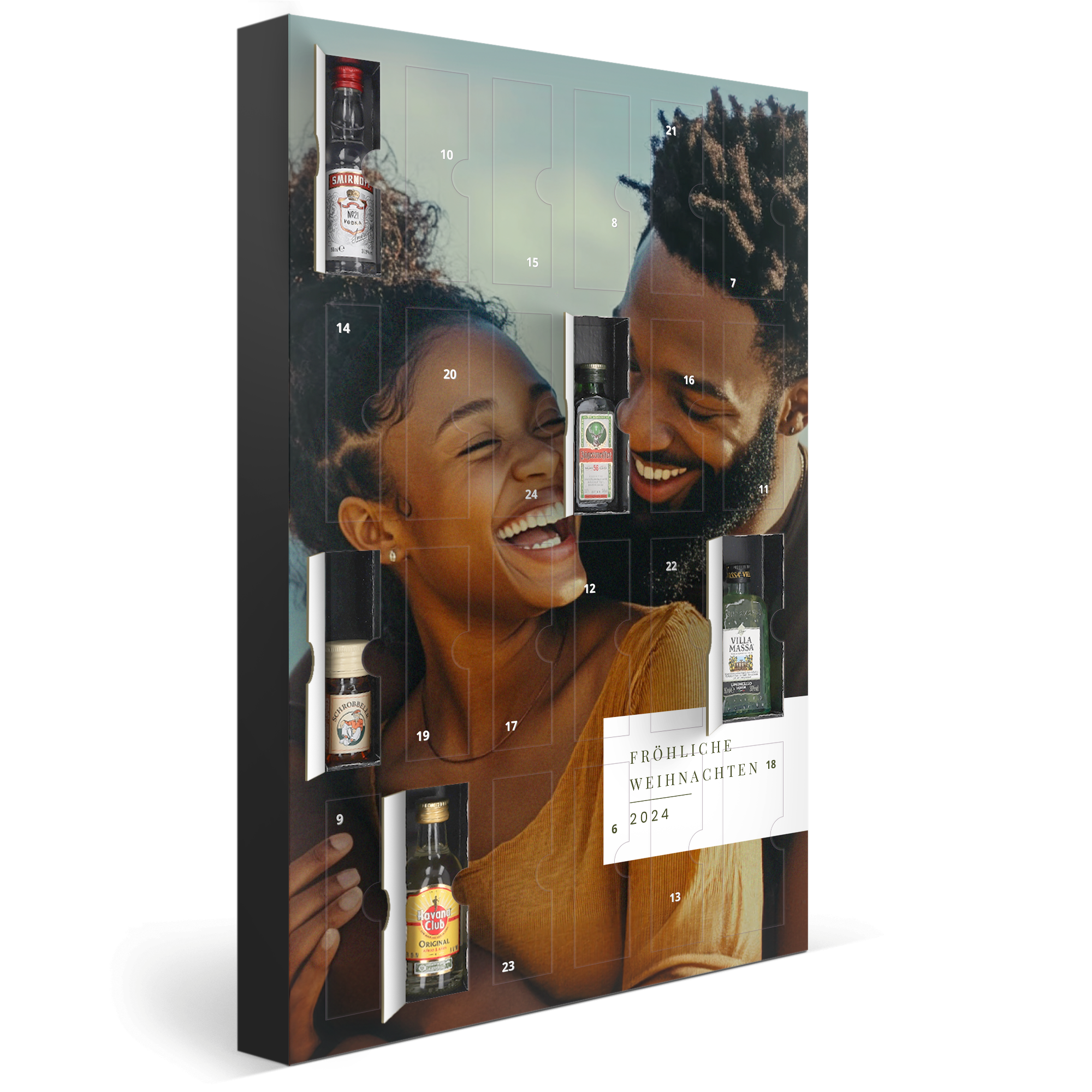 Personalisierter Adventskalender mit Fotodruck und Miniflaschen, bedruckt mit einem Pärchenfoto und Frohe Weihnachten 2024, um sie mit einem Countdown und einem leckeren Drink zu überraschen.
