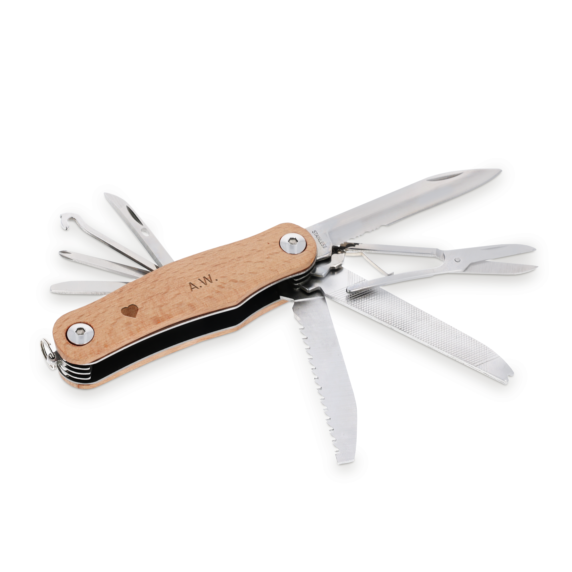 Een handig zakmes met beukenhouten handvat, gegraveerd met de initialen A.W. en een hartje. Het multitool heeft een mes, zaag, schaar en vijl.