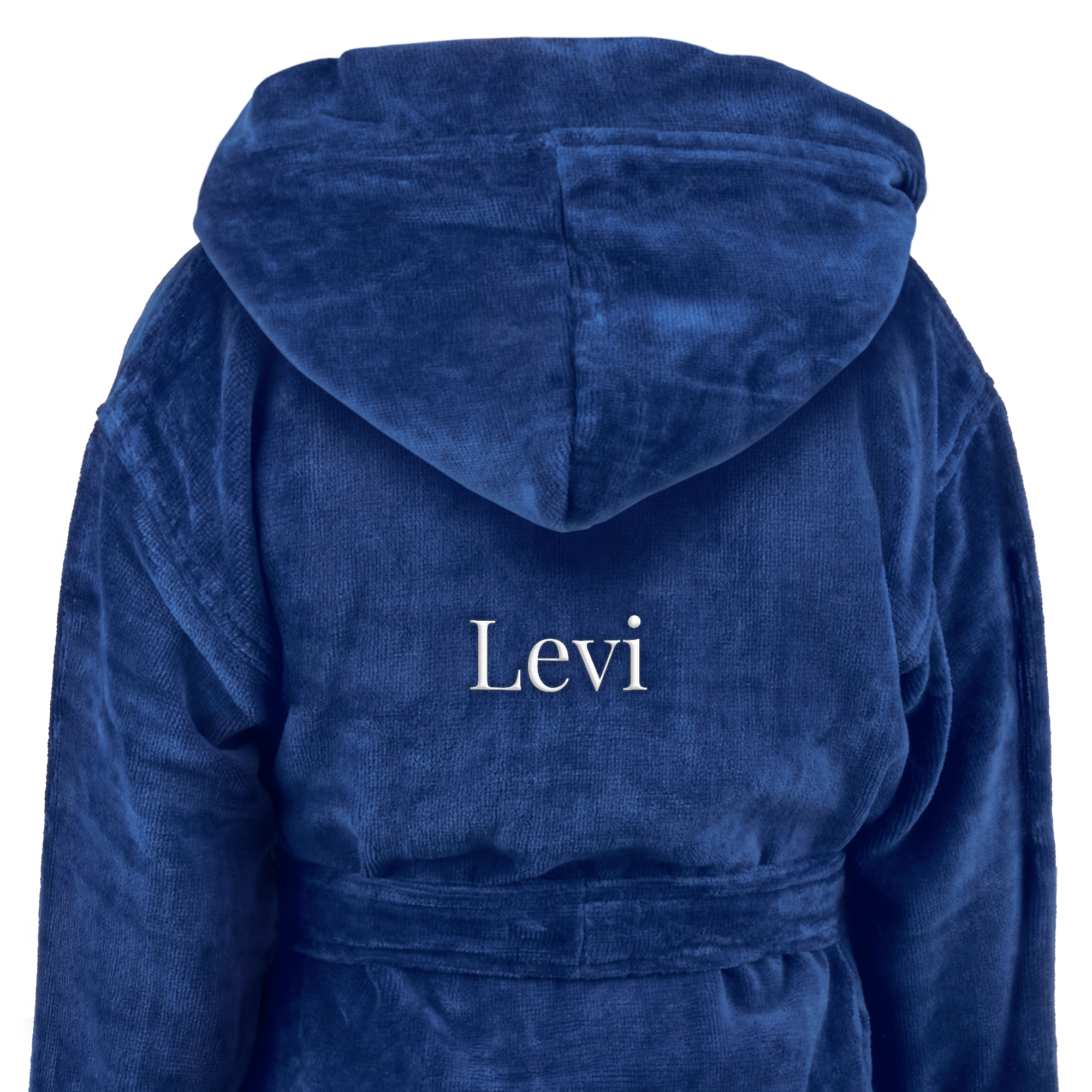 A soft personalized bathrobe for children in blue with a hood and the name Levi embroidered in white on the back