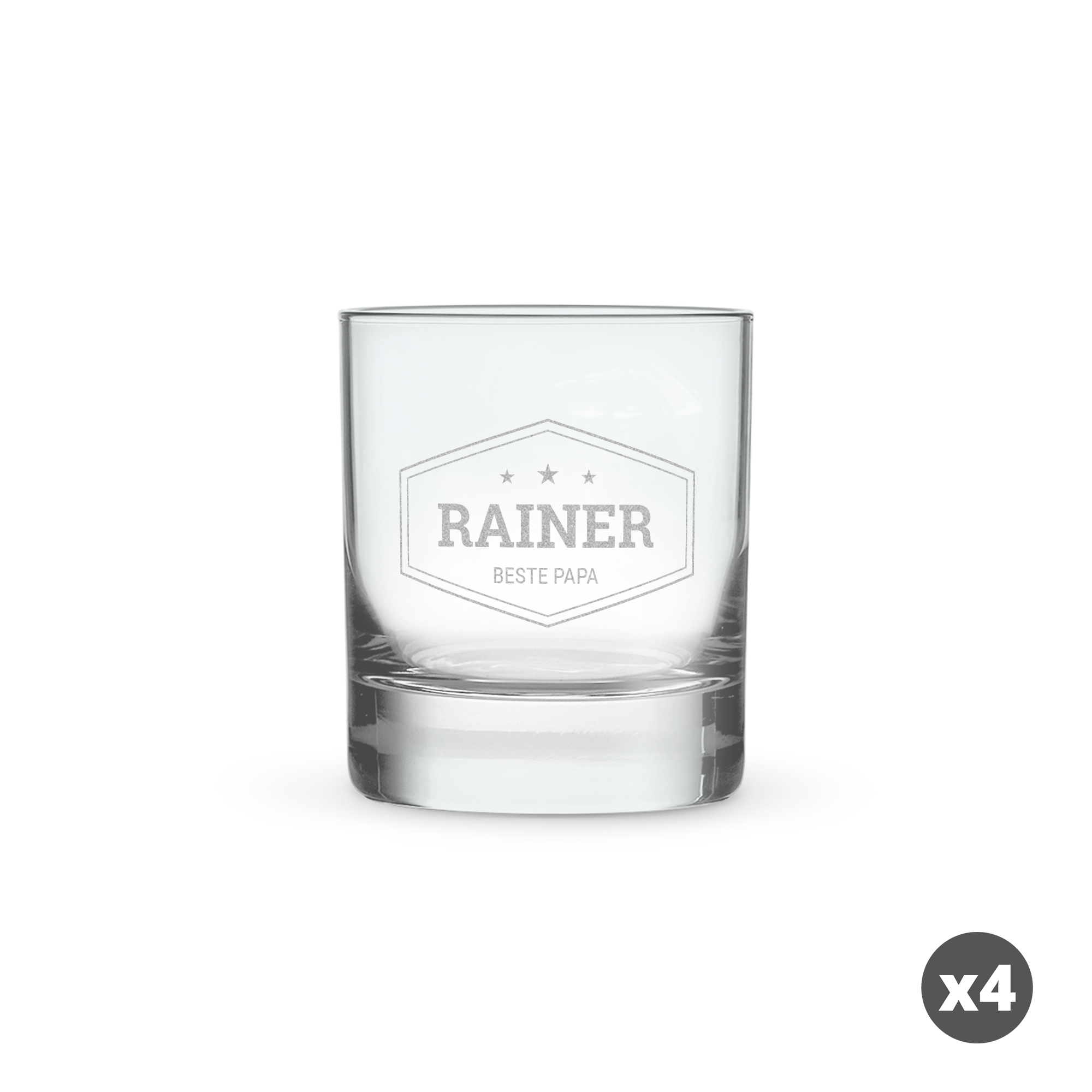 Ein Whiskyglas graviert mit dem Namen Rainer und dem Text Bester Papa im Wappen Design