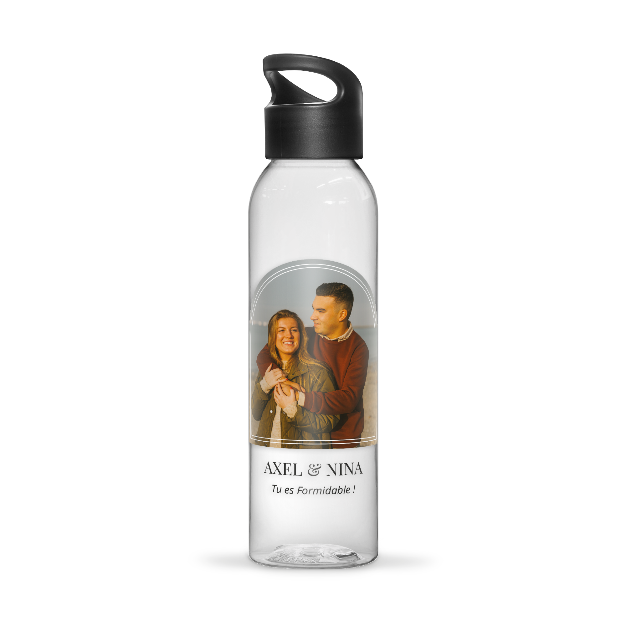 Bouteille d'eau personnalisée avec photo imprimée de Axel et Nina et le texte Tu es Formidable