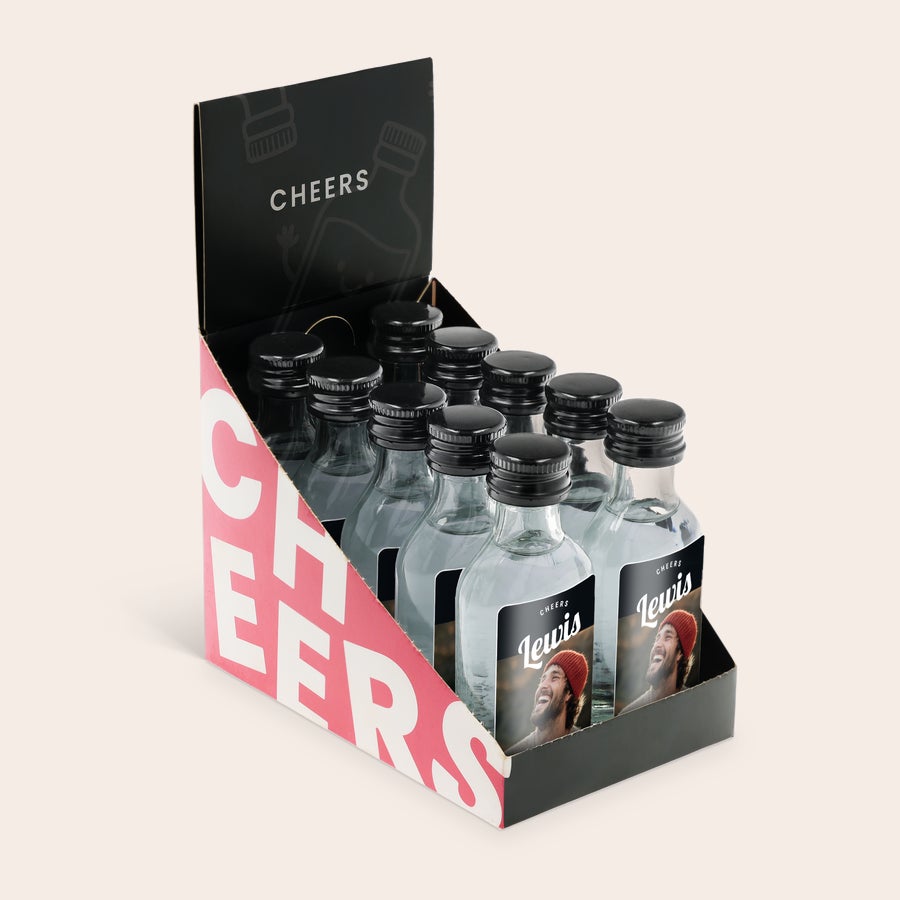 Mini garrafas de álcool personalizadas Caixa com 10 Mini Vodka personalizadas com foto impressa e nome Lewis na etiqueta