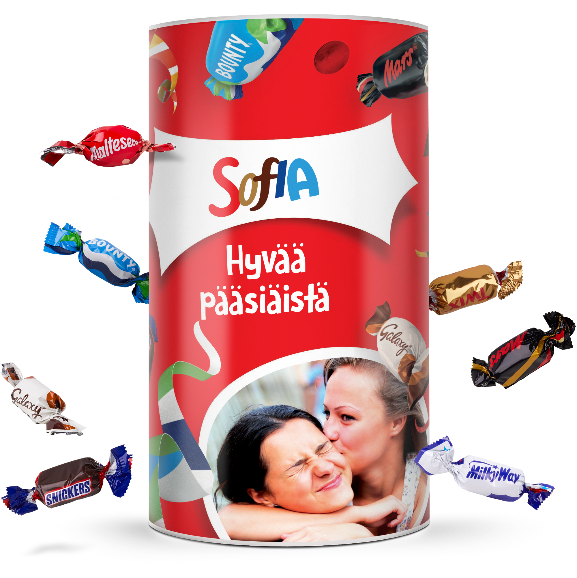 Personoitu Suklaakarkit tuubissa - Celebrations omalla kuvalla ja tekstillä 