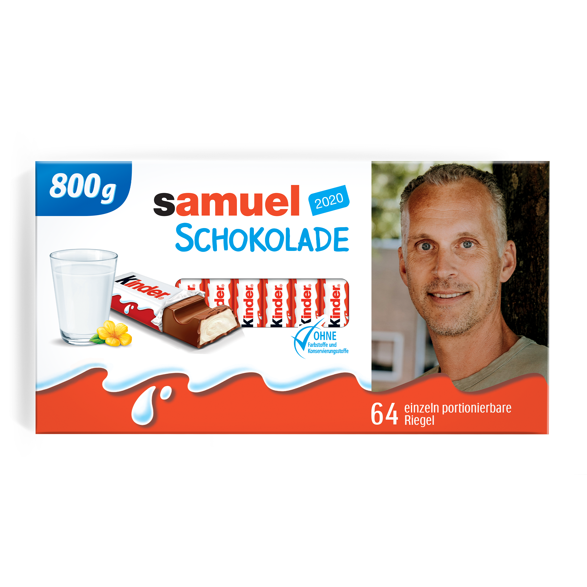 Mega Kinder Schokolade mit Foto und Namen - 800 Gramm, personalisiert mit eigenem Bild und Samuel 2020 Schriftzug, inklusive 64 Riegeln.