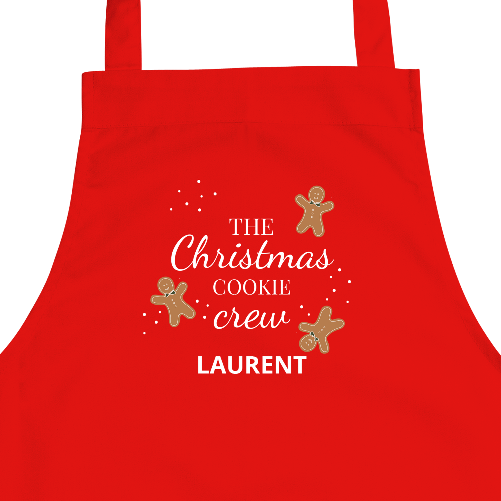 Tablier pour enfant rouge imprimé avec motifs de bonshommes en pain dépices et texte personnalisé LAURENT