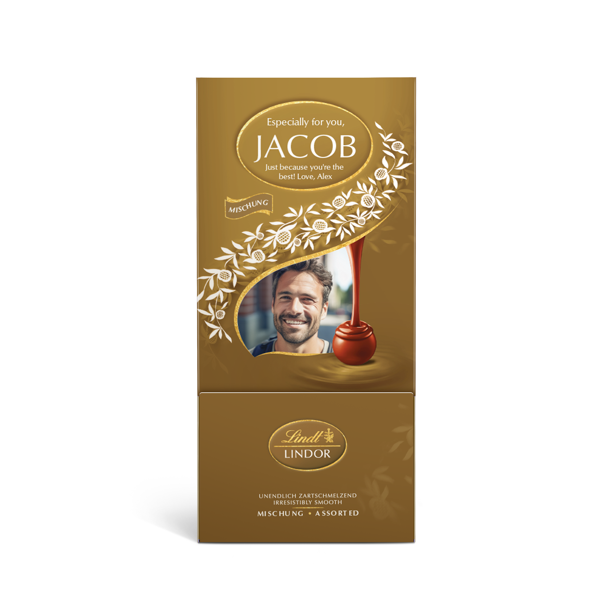 Caja regalo de chocolate Lindt personalizada con la foto de un hombre sonriente y el nombre Jacob.