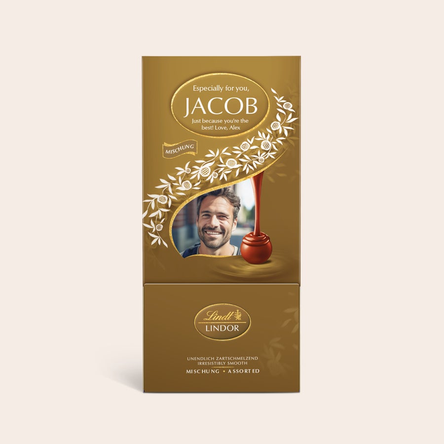 Lindt Dispenser Spersonalizowane czekoladowe pudełko upominkowe Lindt ze zdjęciem uśmiechniętego mężczyzny, imieniem JACOB i wiadomością, nadruk w pełnym kolorze.