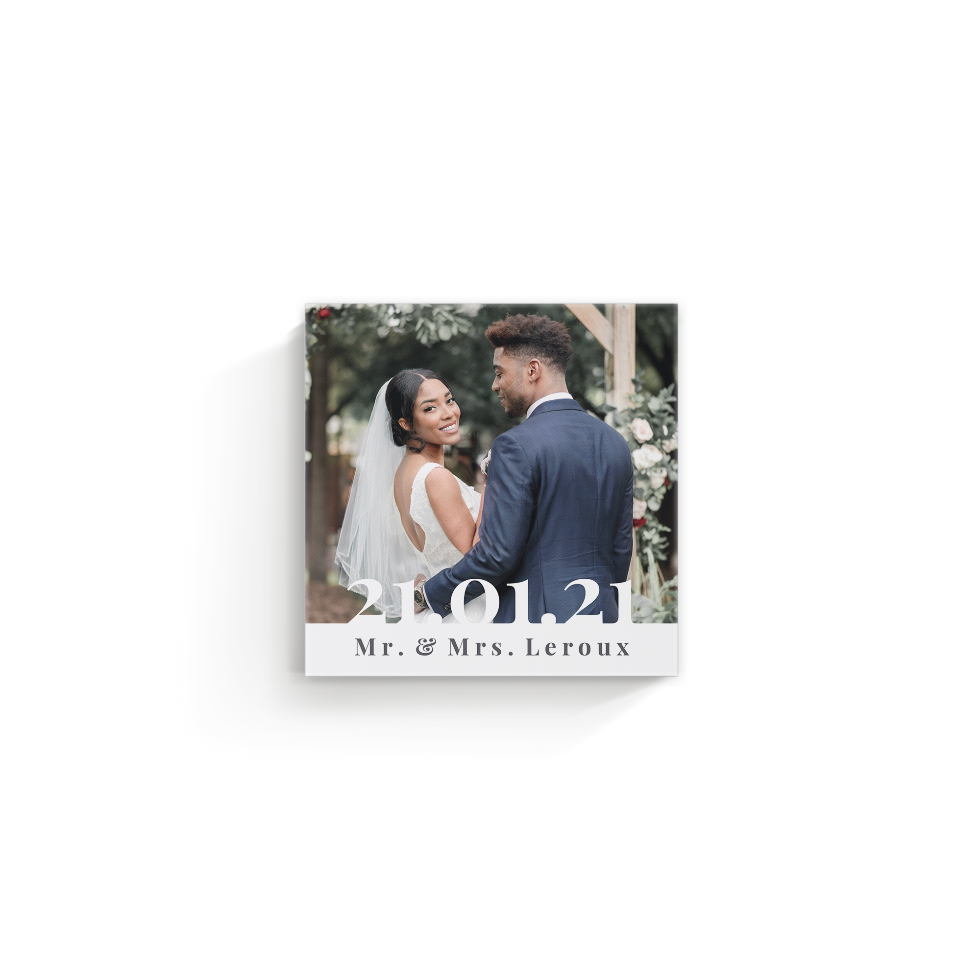 Toile personnalisée imprimée avec photo de mariés, date 21.01.21 et noms Mr. & Mrs. Leroux