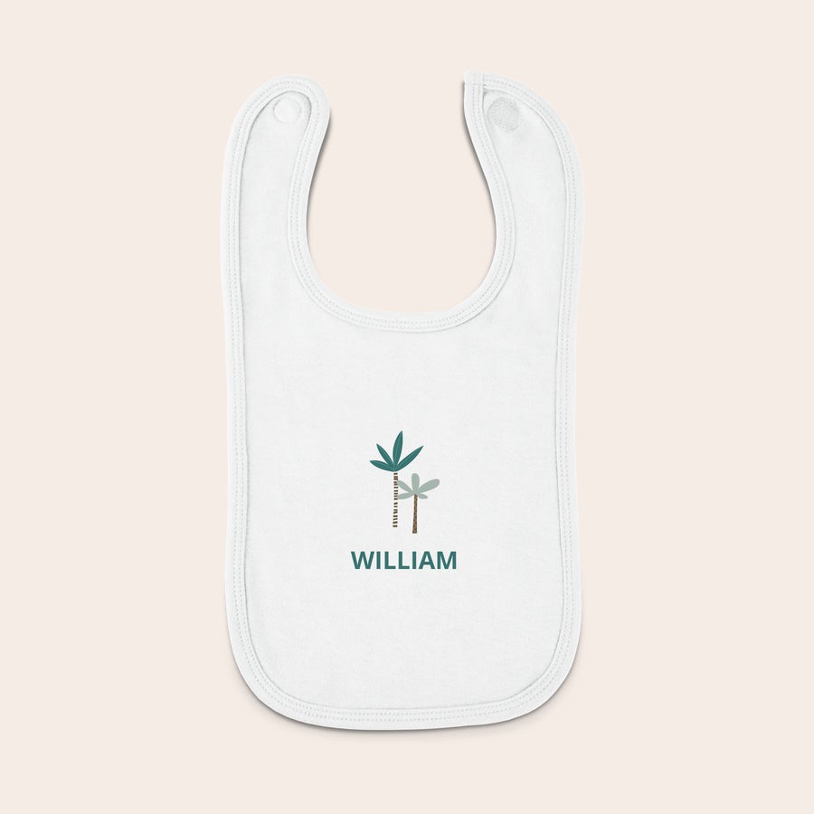 Bavaglino Bavaglino personalizzato bianco con chiusura a strappo, stampato con il nome William e un design di palme
