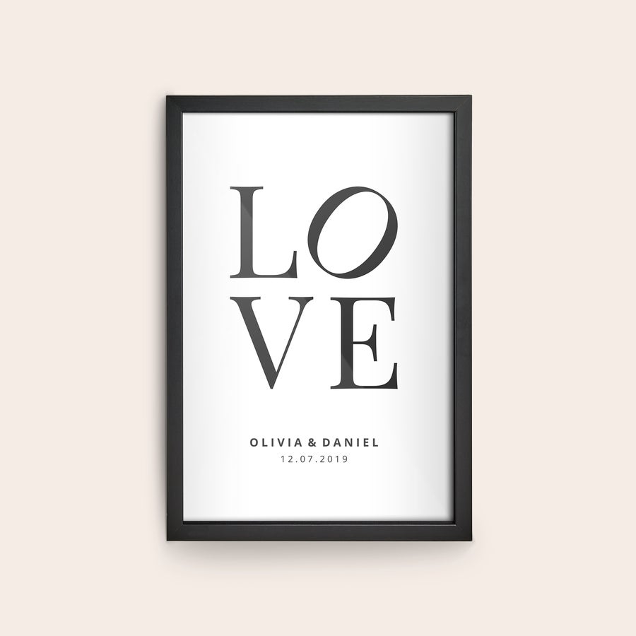 Personalised photo print with frame Personalized photo print in a black frame with the word LOVE and custom names and date printed