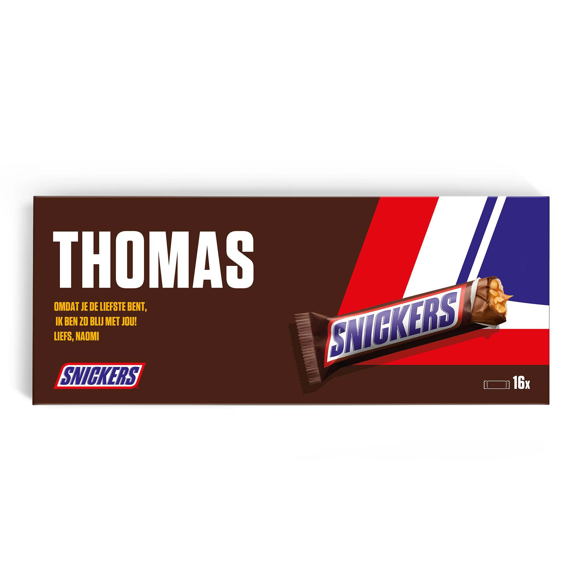 Gepersonaliseerde Mega Snickers reep met de naam 'THOMAS' en een persoonlijke boodschap, bedrukt op de wikkel.