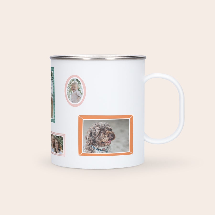 Taza de acero personalizada Taza de acero inoxidable impresa con foto de bebé, perro y pareja, con borde plateado y asa blanca.