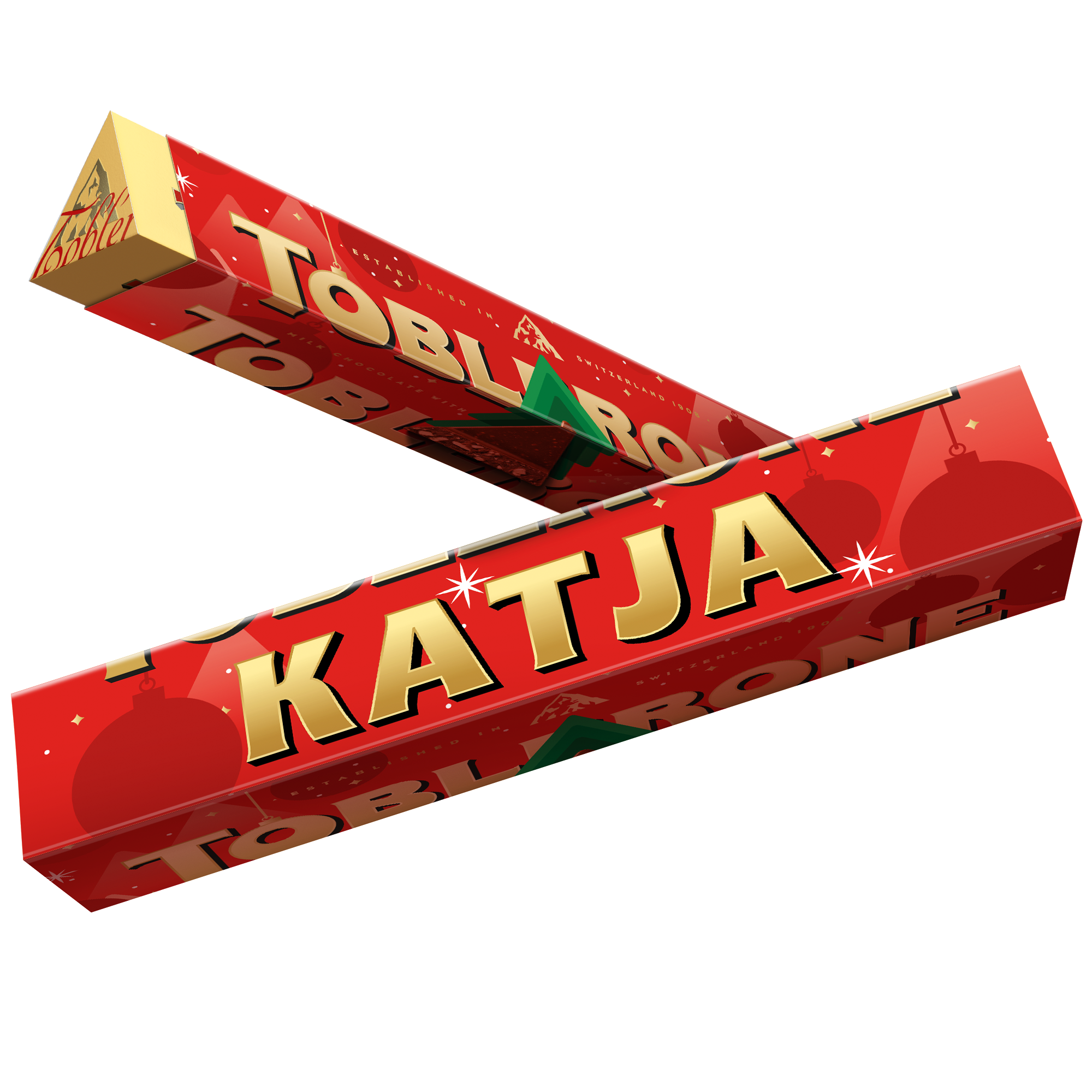 Rot verpackte, personalisierte Toblerone mit Name Katja und Foto, bedruckt mit Weihnachtsmotiven