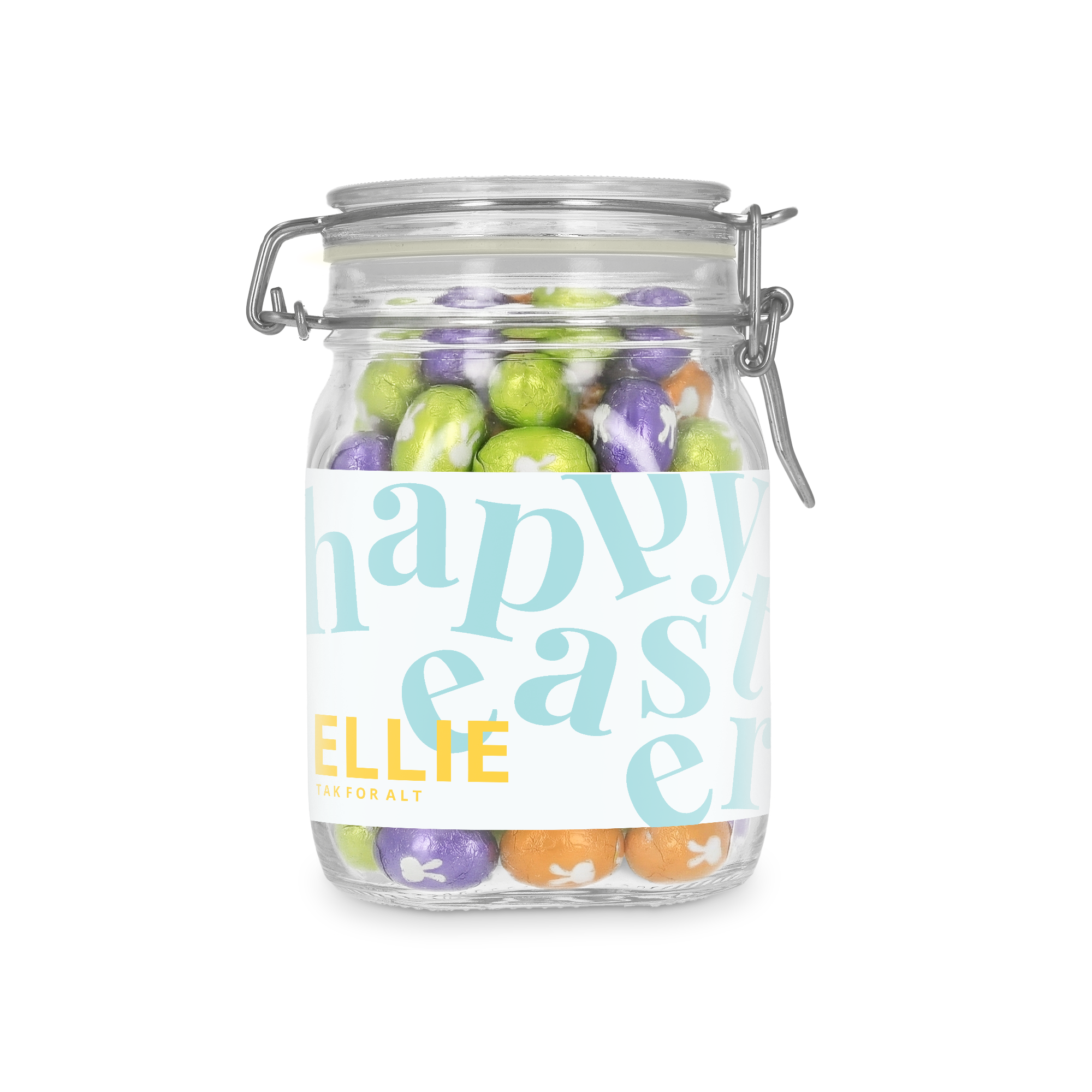 Glaskrukke med låg og personlig etikette 1L Påskeæg fyldt med chokoladeæg, mærket "Ellie" og "Happy Easter".