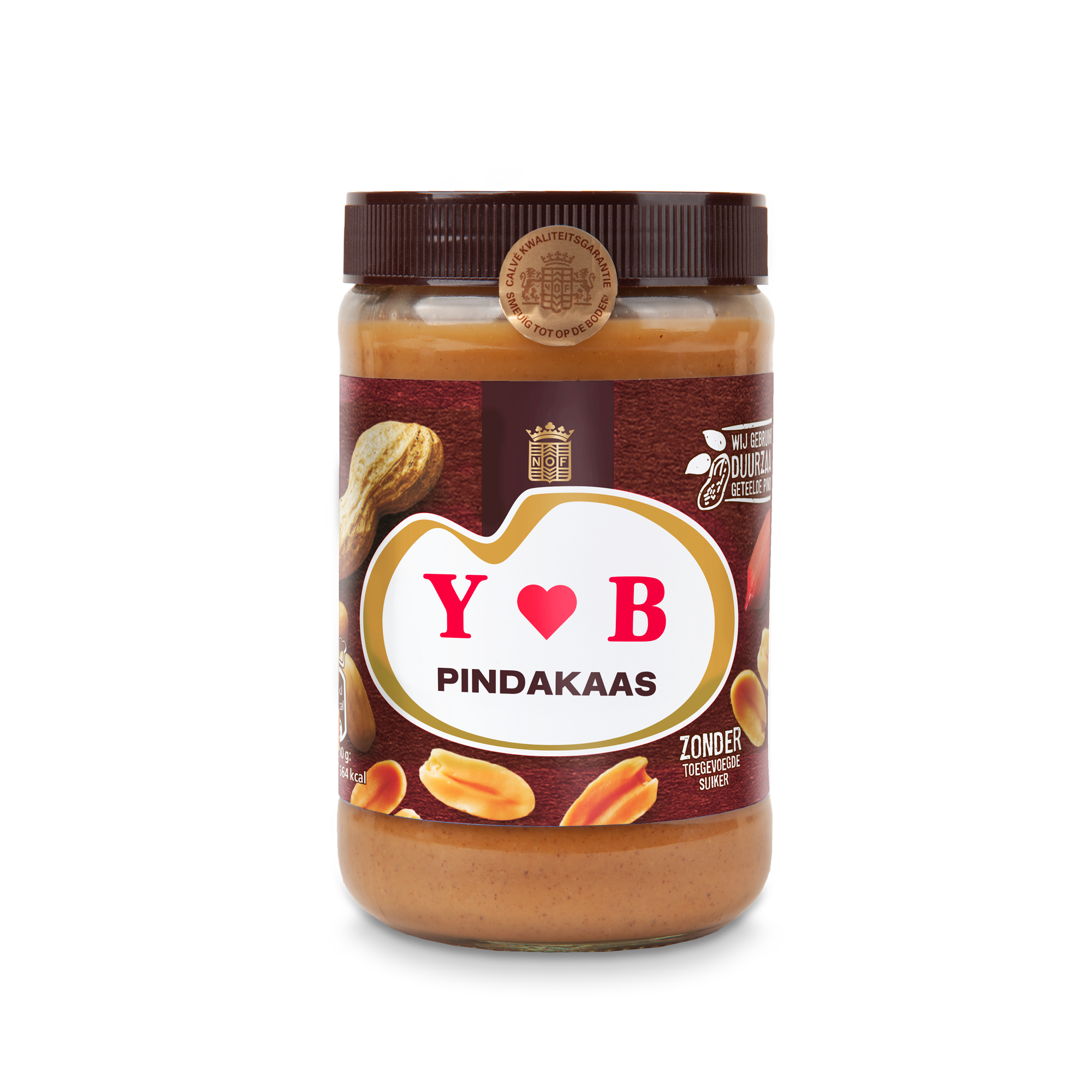 Calvé pindakaas uit een pot met naam. Op het etiket staat 'Y ❤️ B Pindakaas' gedrukt.