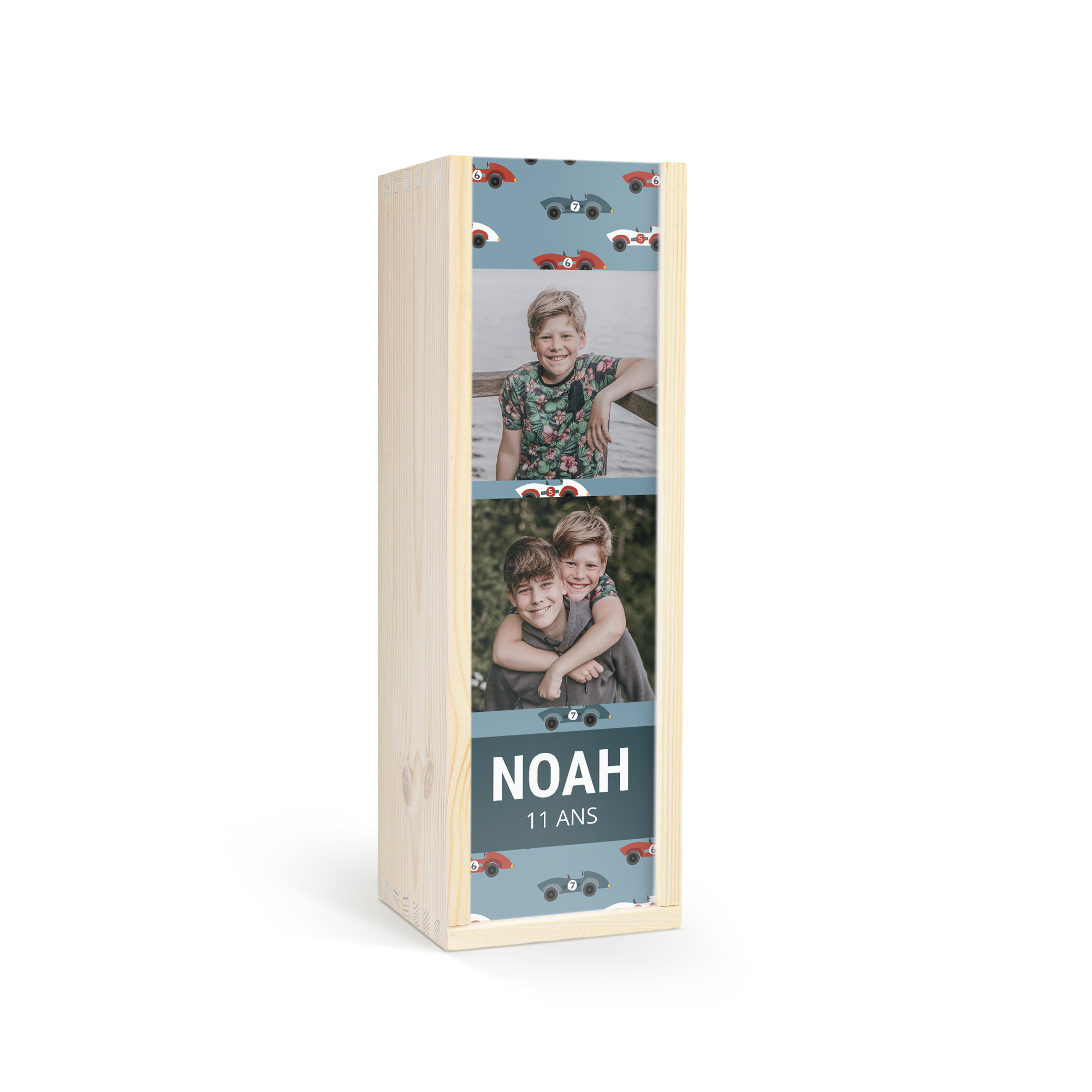 Bouteille de bulles pour enfants personnalisée avec photos et prénom Noah 11 ans sur coffret en bois imprimé
