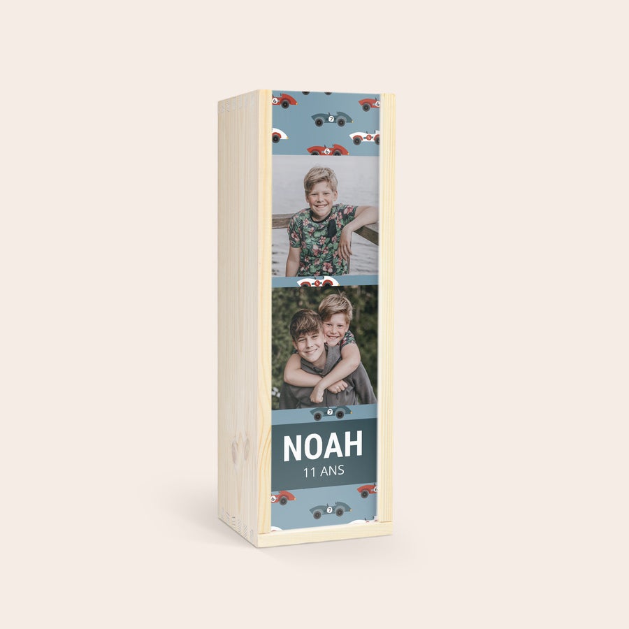 Champagne personnalisé pour enfants - Kidibul Bouteille de bulles pour enfants personnalisée avec photos et prénom Noah 11 ans sur coffret en bois imprimé