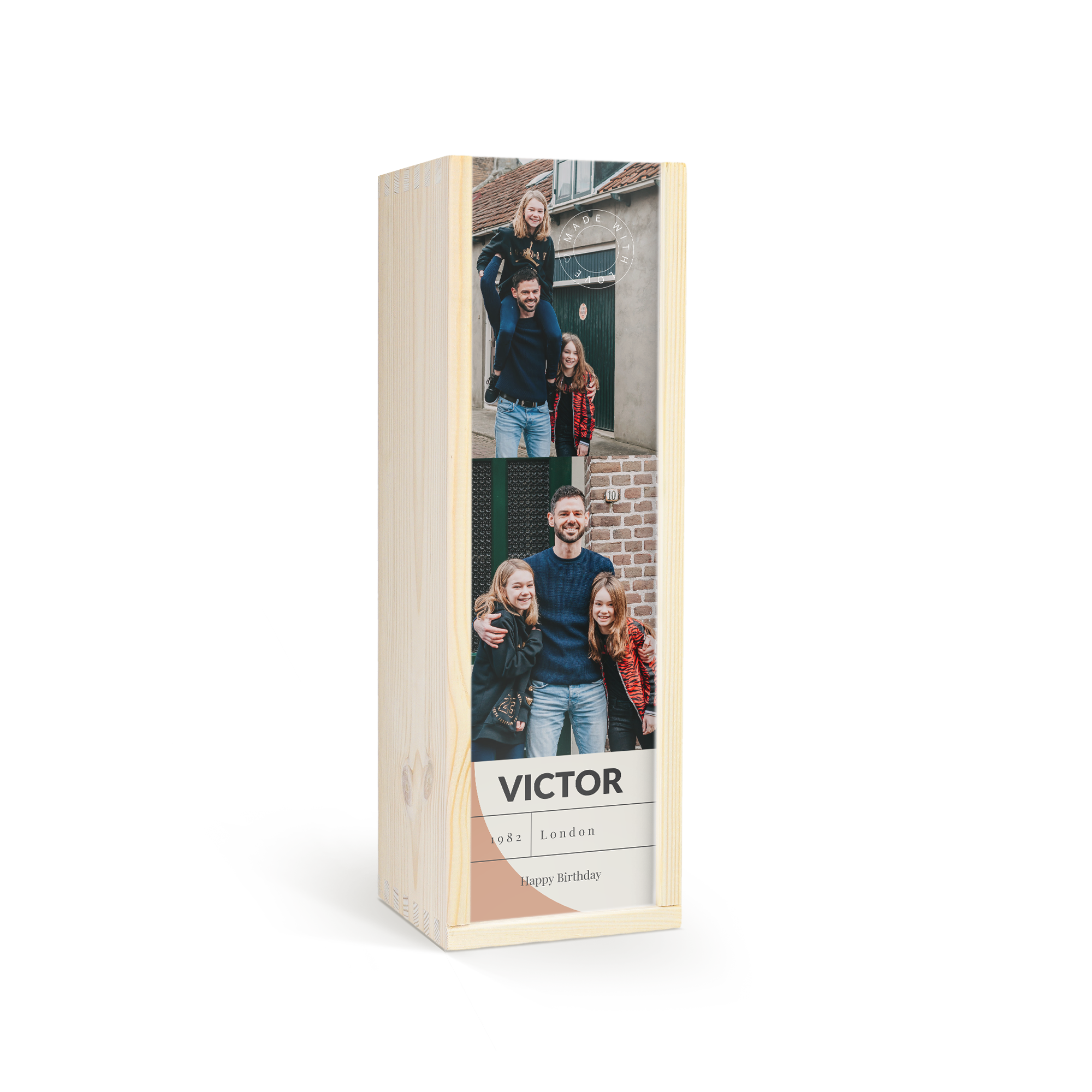Personalized wooden case with a printed photo of a man and two girls and custom text VICTOR 1982 London Happy Birthday.