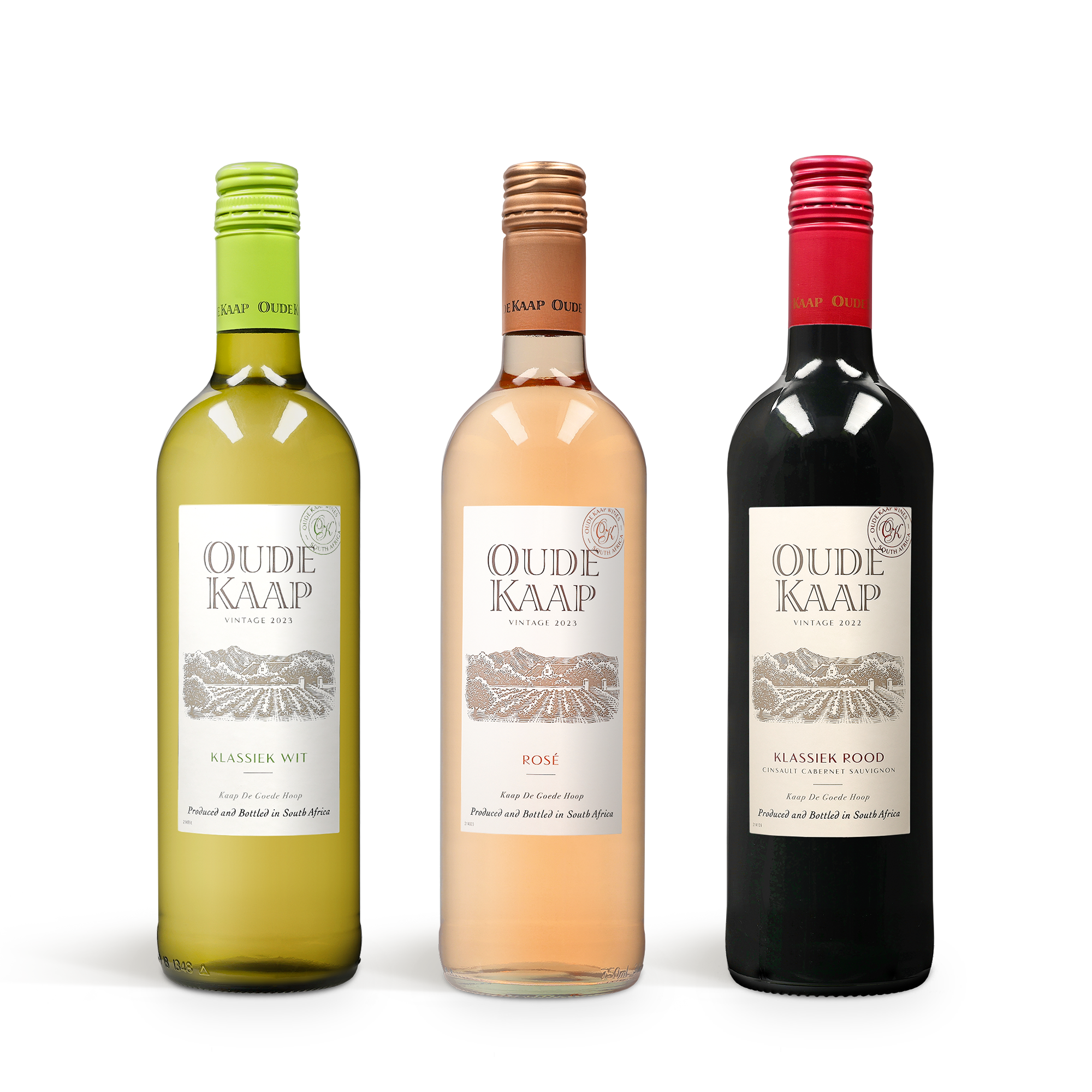Drei Weinflaschen von Oude Kaap, Klassiek Wit, Rosé und Klassiek Rood, bereit für ein Wein Geschenkset mit Gravur.