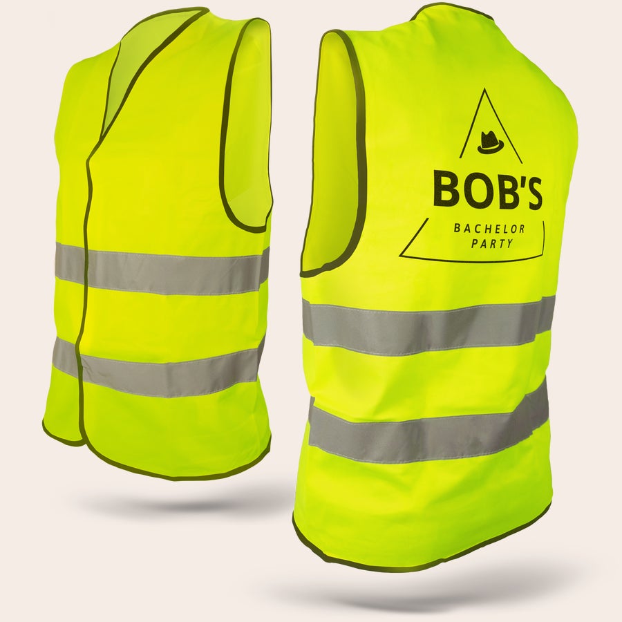 High vis vest Neon yellow personalised hi vis vest printed with Bobs Bachelor Party text and a hat icon