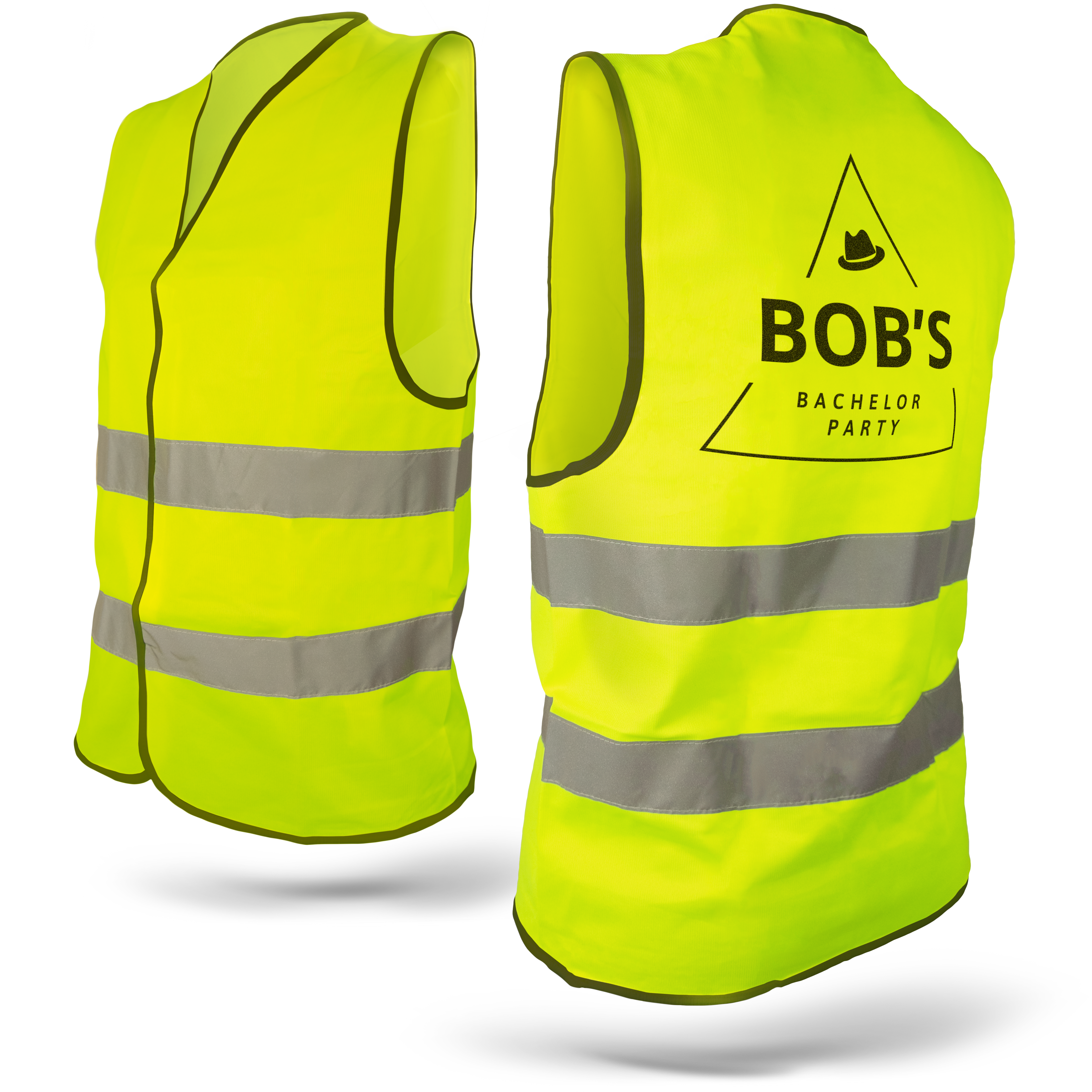 Nenechajte sa prehliadať vďaka fluorescenčnej reflexnej veste s vlastnou potlačou nápisu BOBS BACHELOR PARTY.
