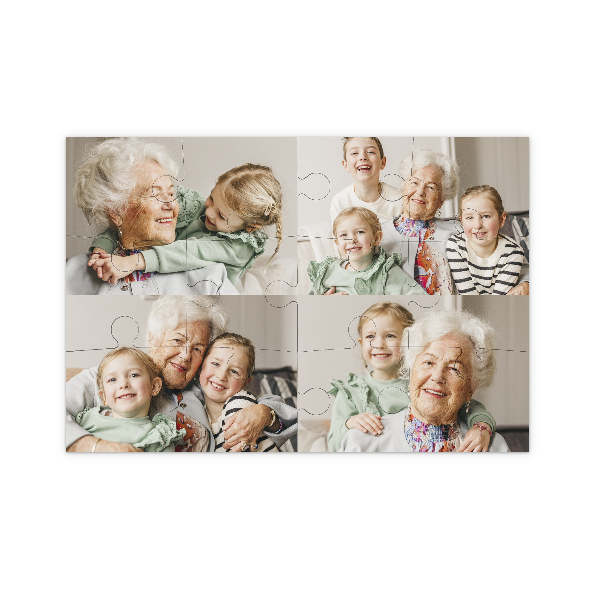 Et puslespil med eget billede trykt med et personligt foto af en bedstemor med sine børnebørn. Overrask de mindste i dit liv med et unikt puslespil med eget billede.