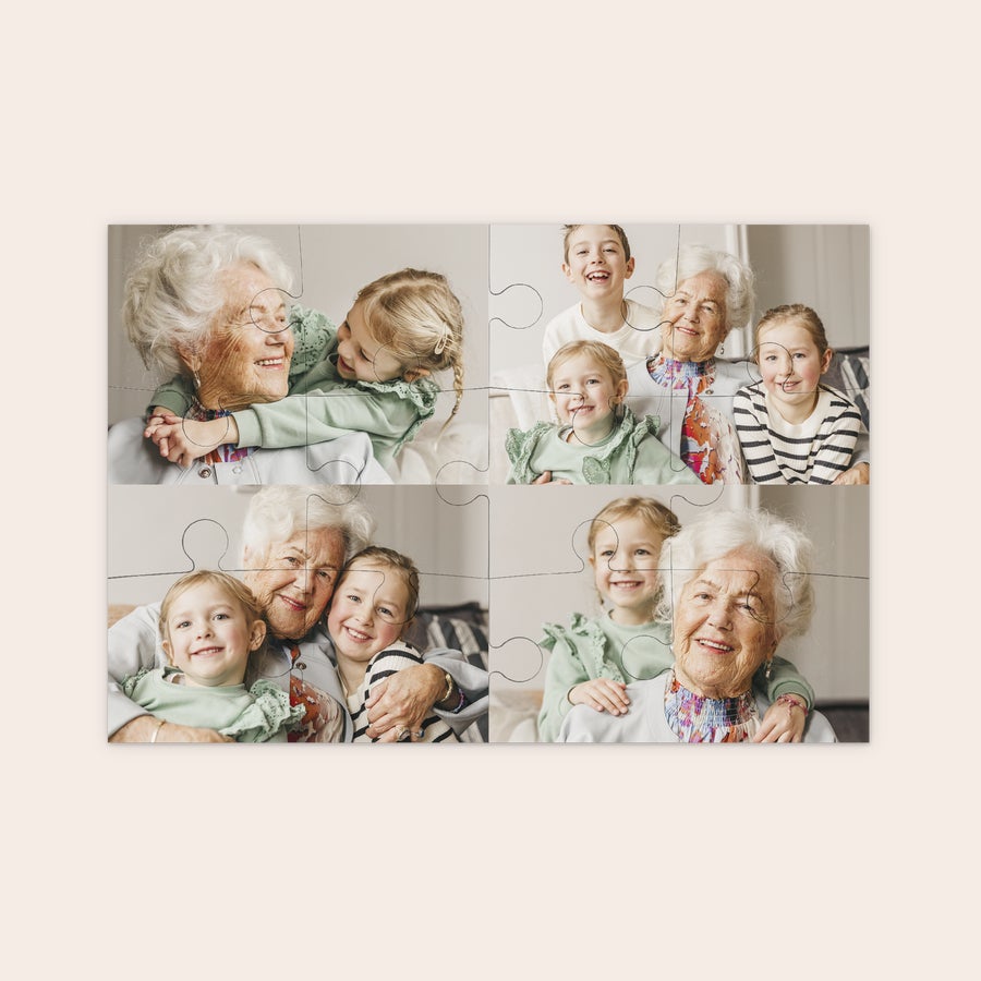 Puzzle mic cu fotografie Puzzle foto personalizat pentru copii, imprimat cu imagini ale unei bunici cu nepoții zâmbitori.