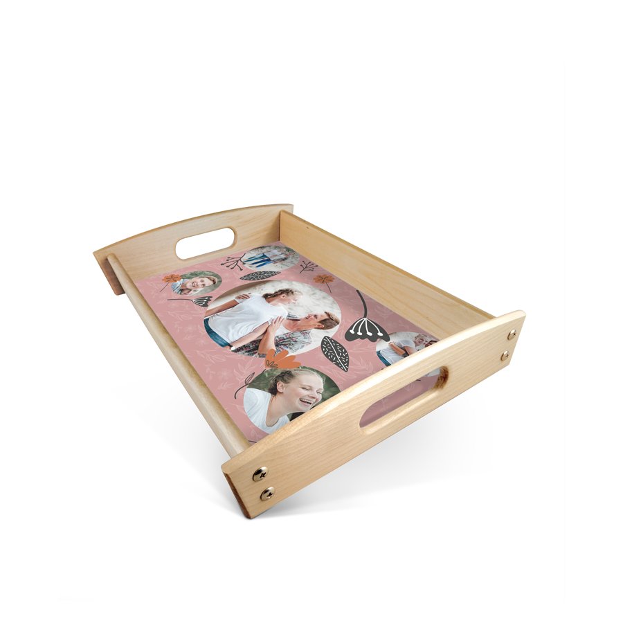 Bandeja de servir de madera con diseño rosa impresa con fotos y texto, Regala una bandeja de servir de madera personalizada