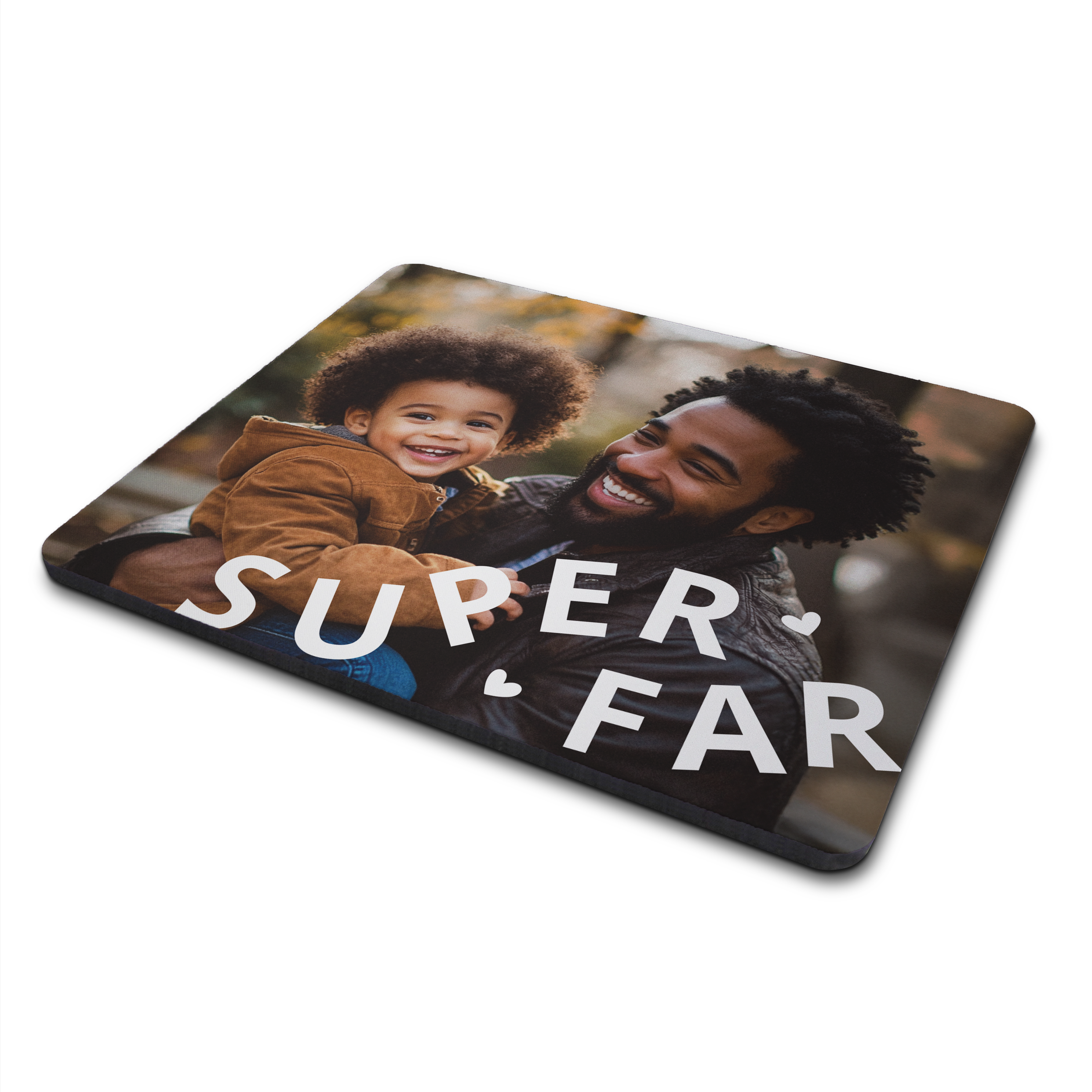 Personlig musemåtte med billede af en far og barn trykt med teksten "SUPER FAR".