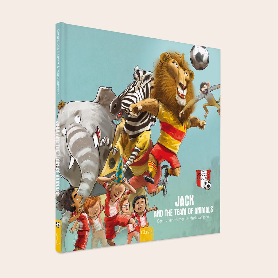 Personalised book - Animal Team Personalized soccer book for kids with an elephant, zebra, lion, monkey, and children playing football, titled Jack and the Team of Animals.