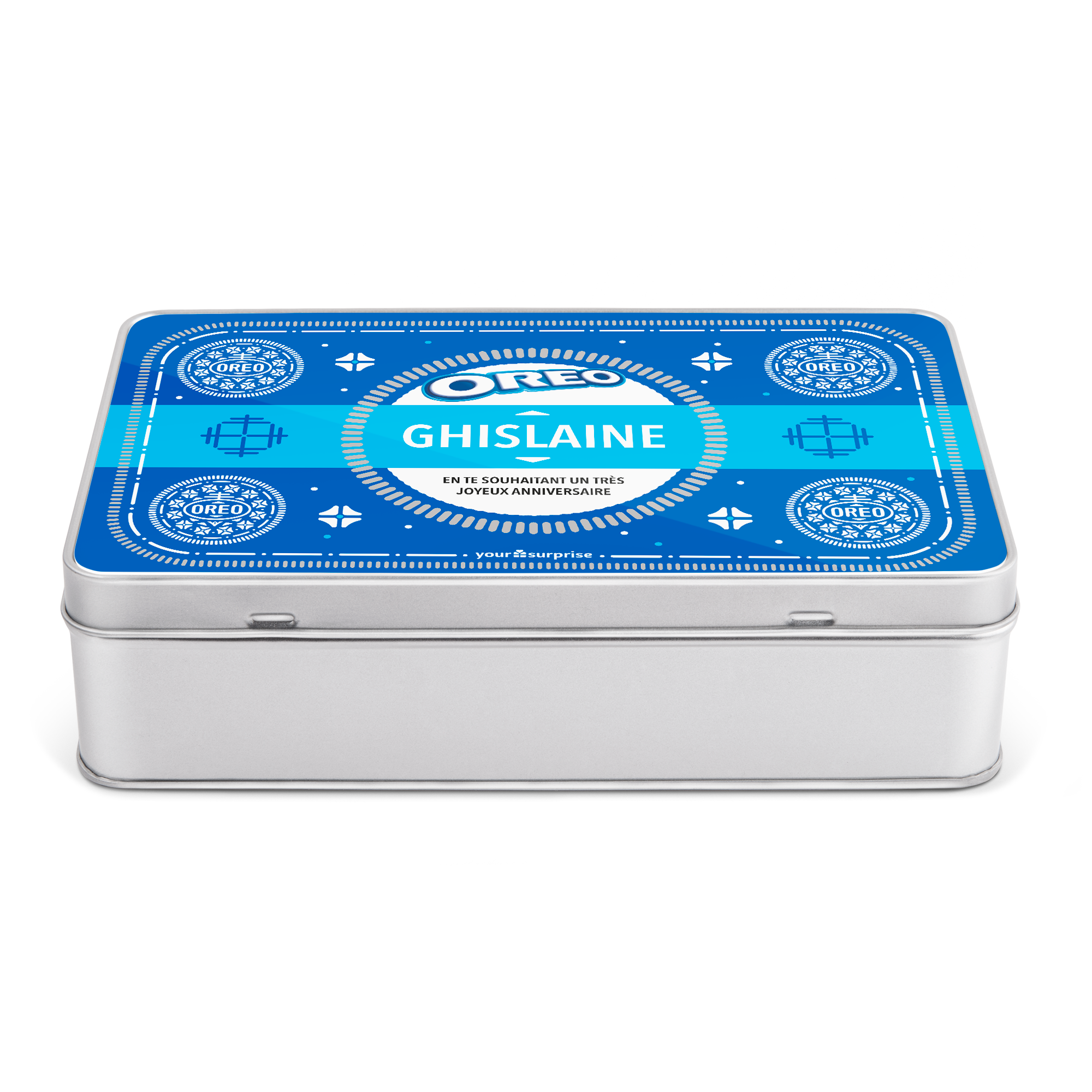 Boîte cadeau Oreo remplie de délicieux biscuits personnalisée avec le nom Ghislaine et joyeux anniversaire