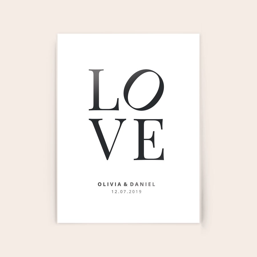 Photo on Acrylic A personalized photo on acrylic with the word LOVE, names Olivia & Daniel, and the date 12.07.2019 printed.
