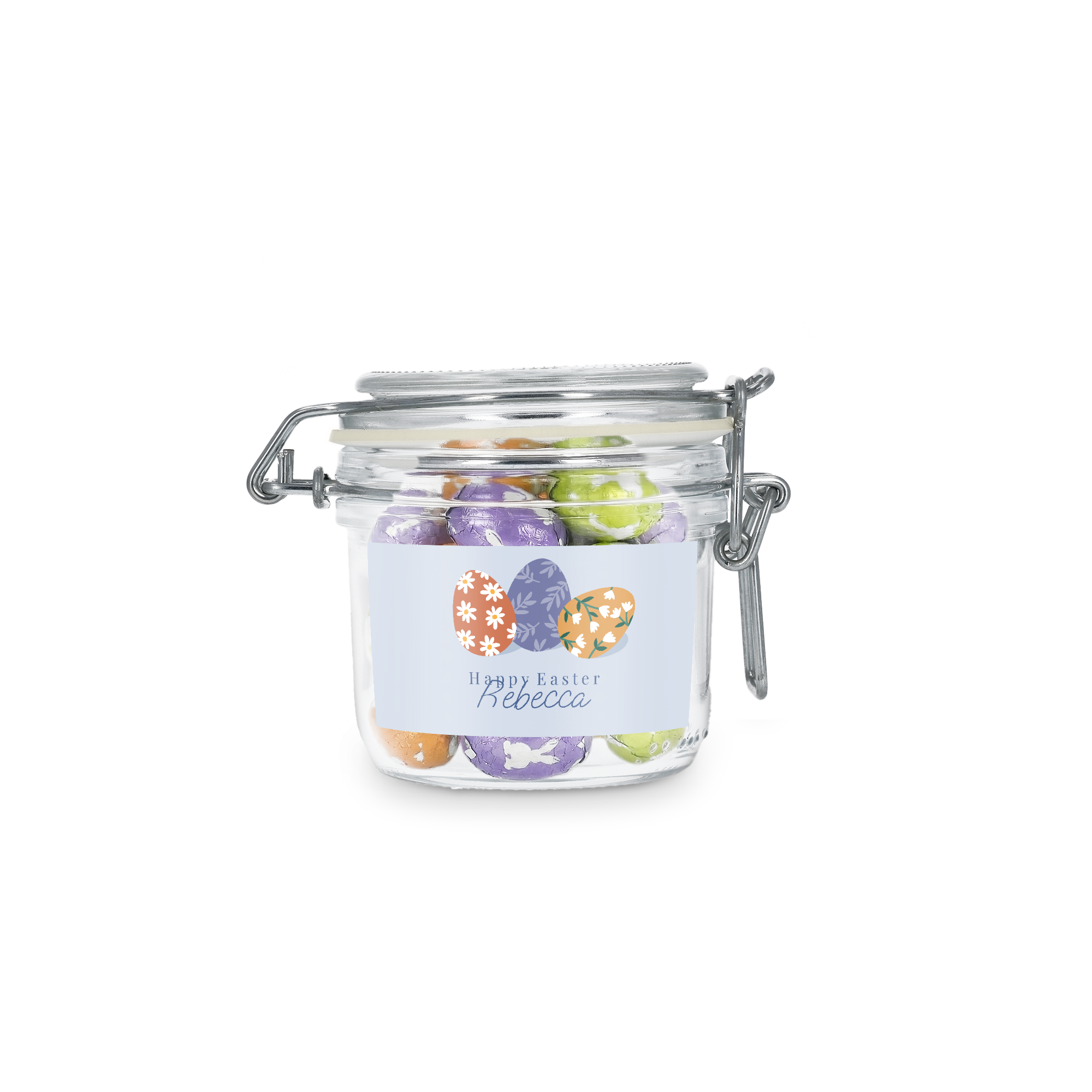 Personalised sweet jar - 200 ml - Chocolate eggs with a printed label featuring three decorative Easter eggs, Happy Easter, and the customizable name Rebecca