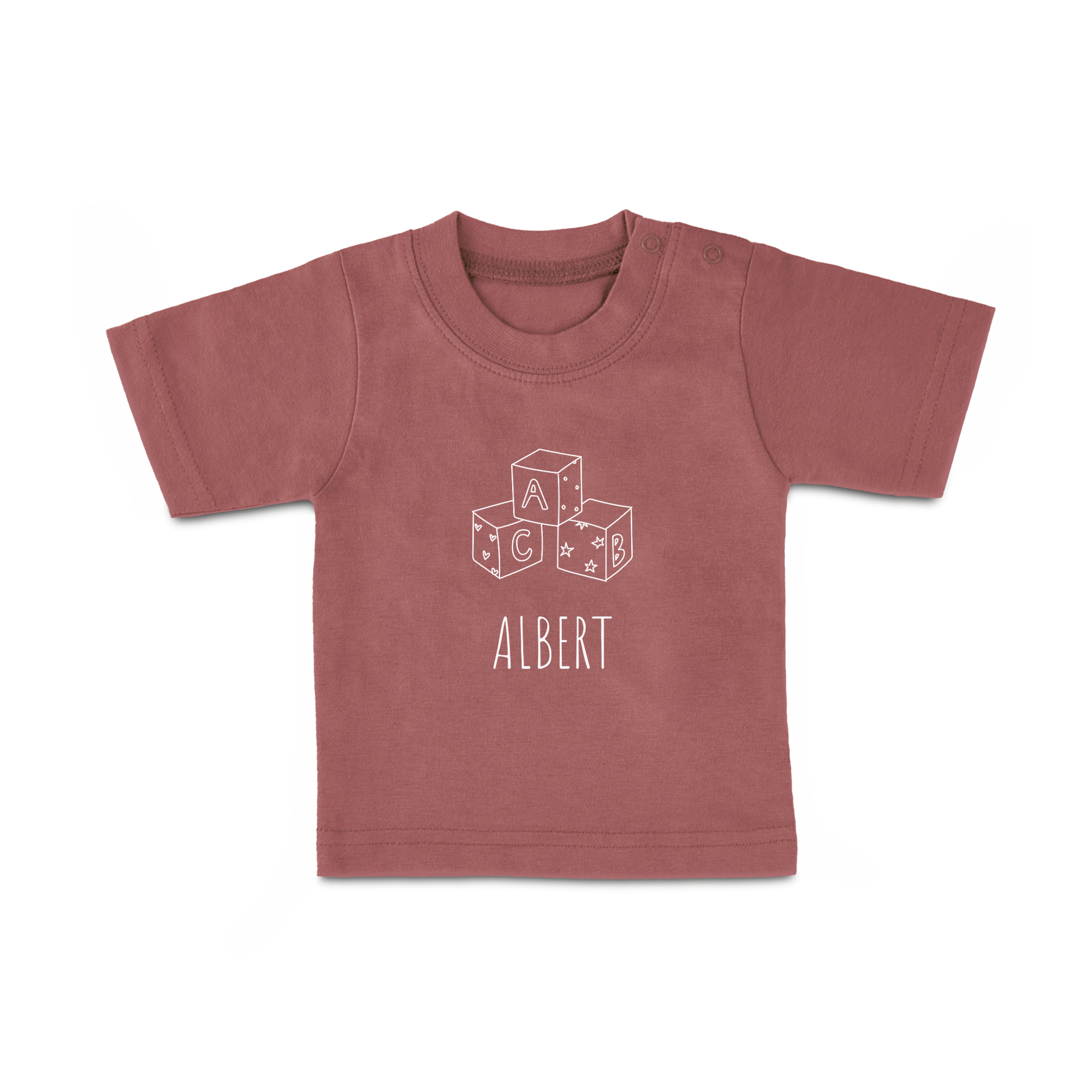 Rosa babyt-shirt med trykt design af ABC-klodser og navnet Albert.