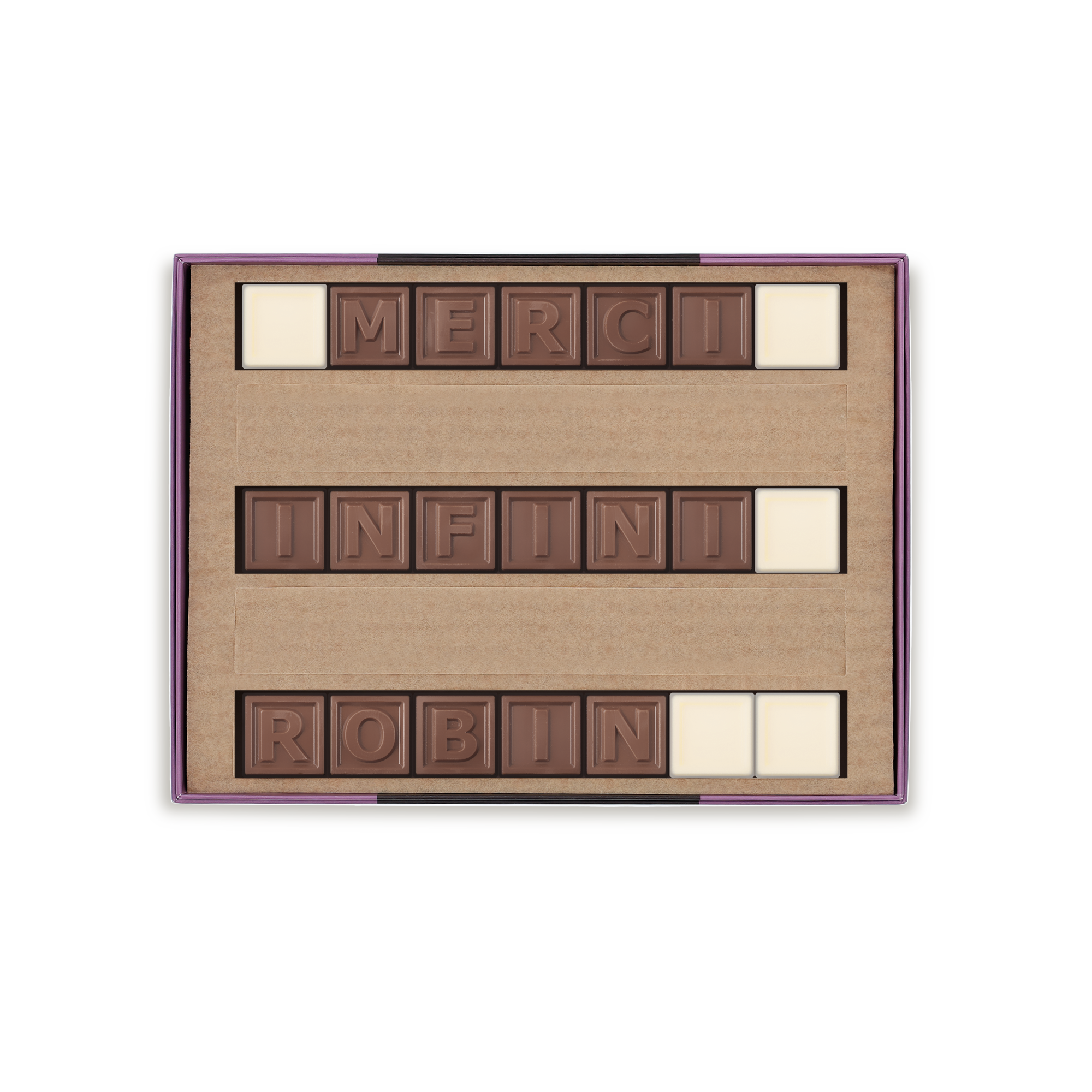 Chocotelegram personnalisé MERCI INFINI ROBIN, message en chocolat au lait et blanc