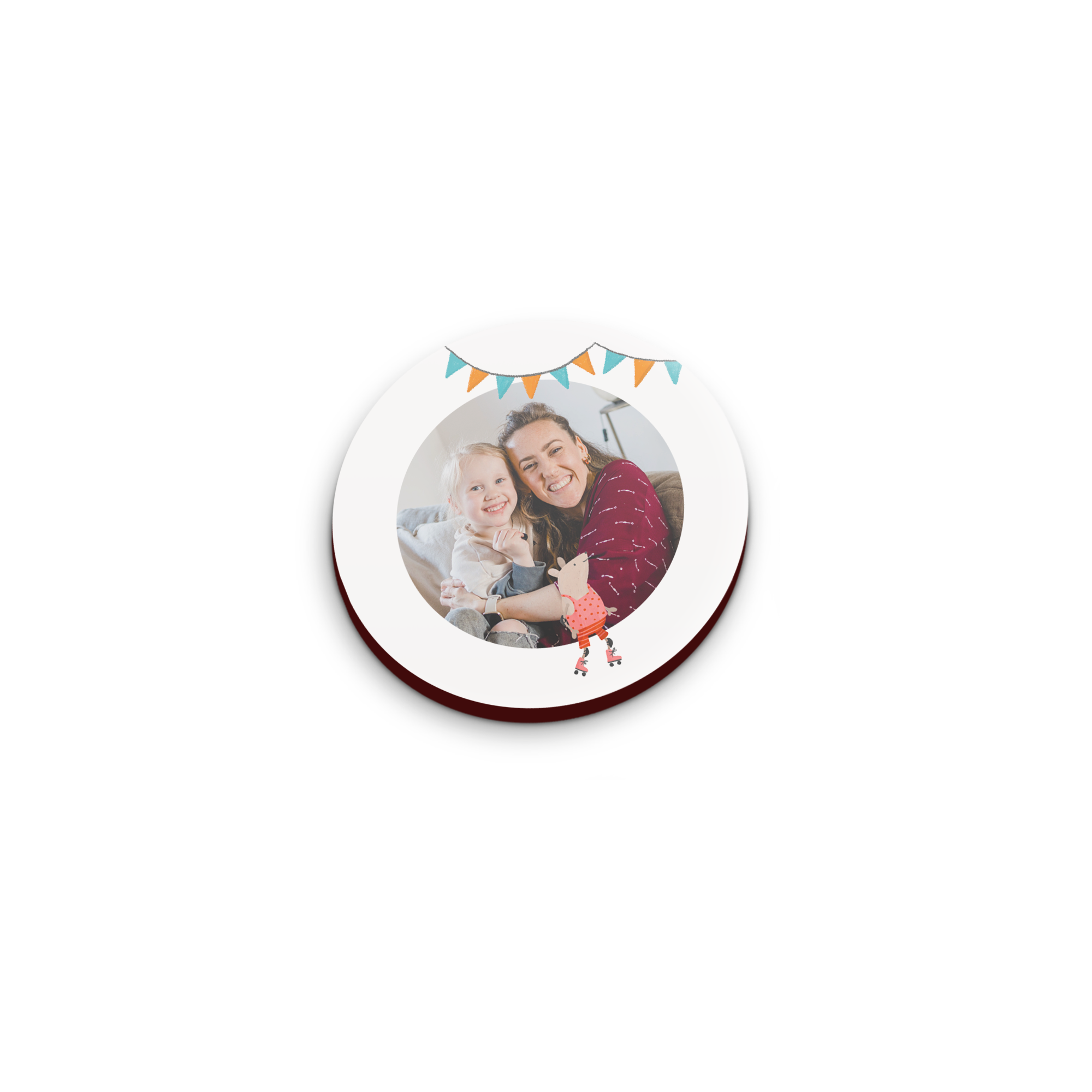 A white round personalized magnet printed with a photo of a smiling woman and young girl. Above them are colorful decorative flags.
