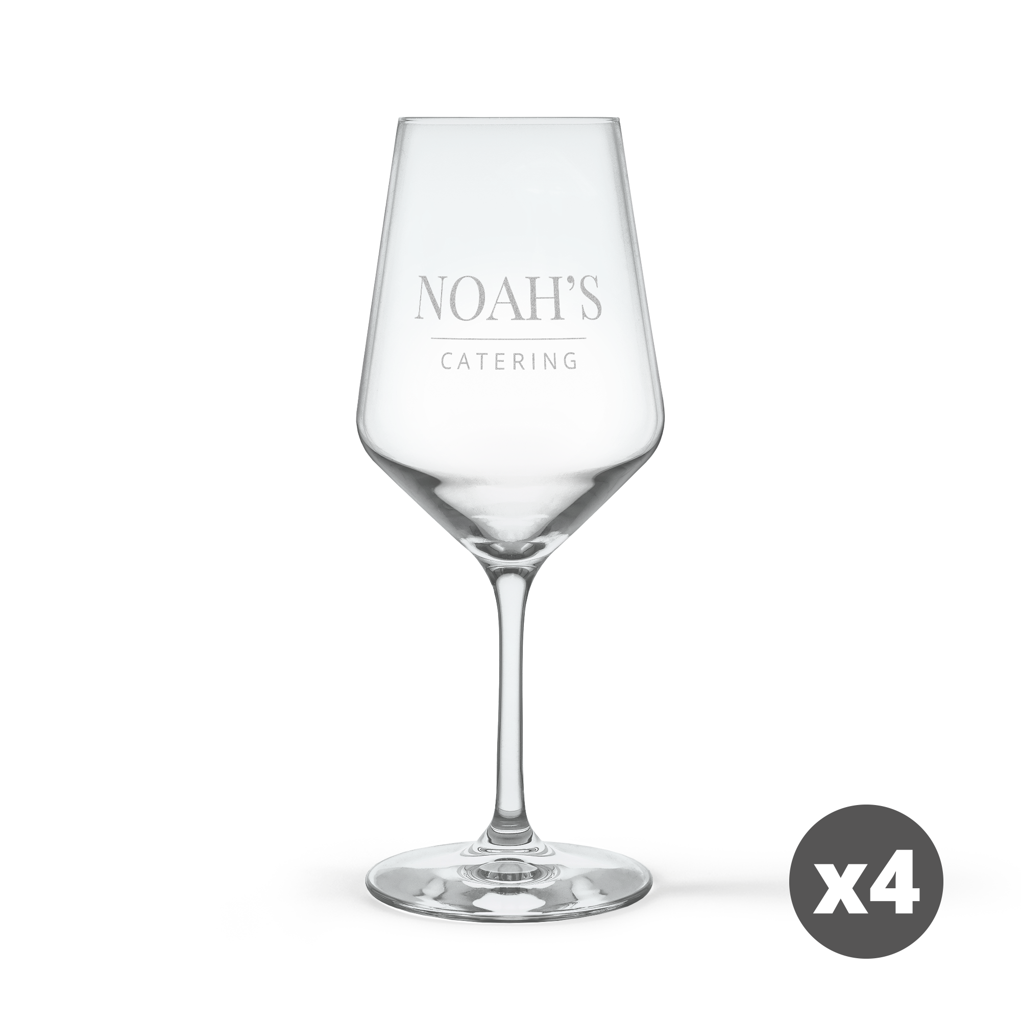Pahar de vin roșu din cristal transparent, gravat cu numele NOAH'S CATERING, personalizat pentru momente de savurare a vinului.