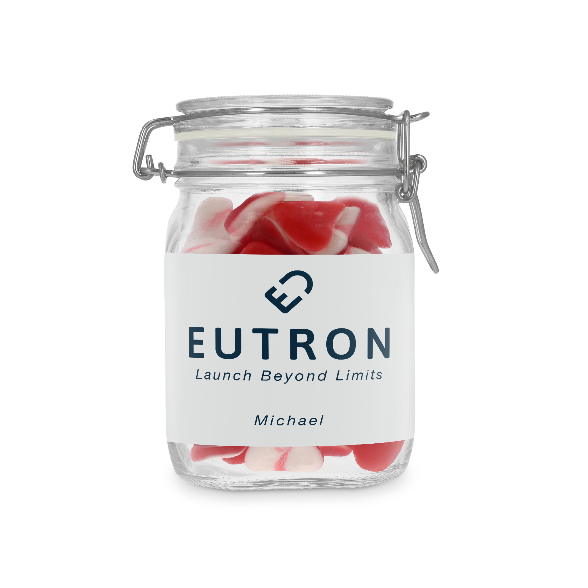 Bocal à bonbons personnalisé avec logo EUTRON et nom Michael, rempli de bonbons cœurs
