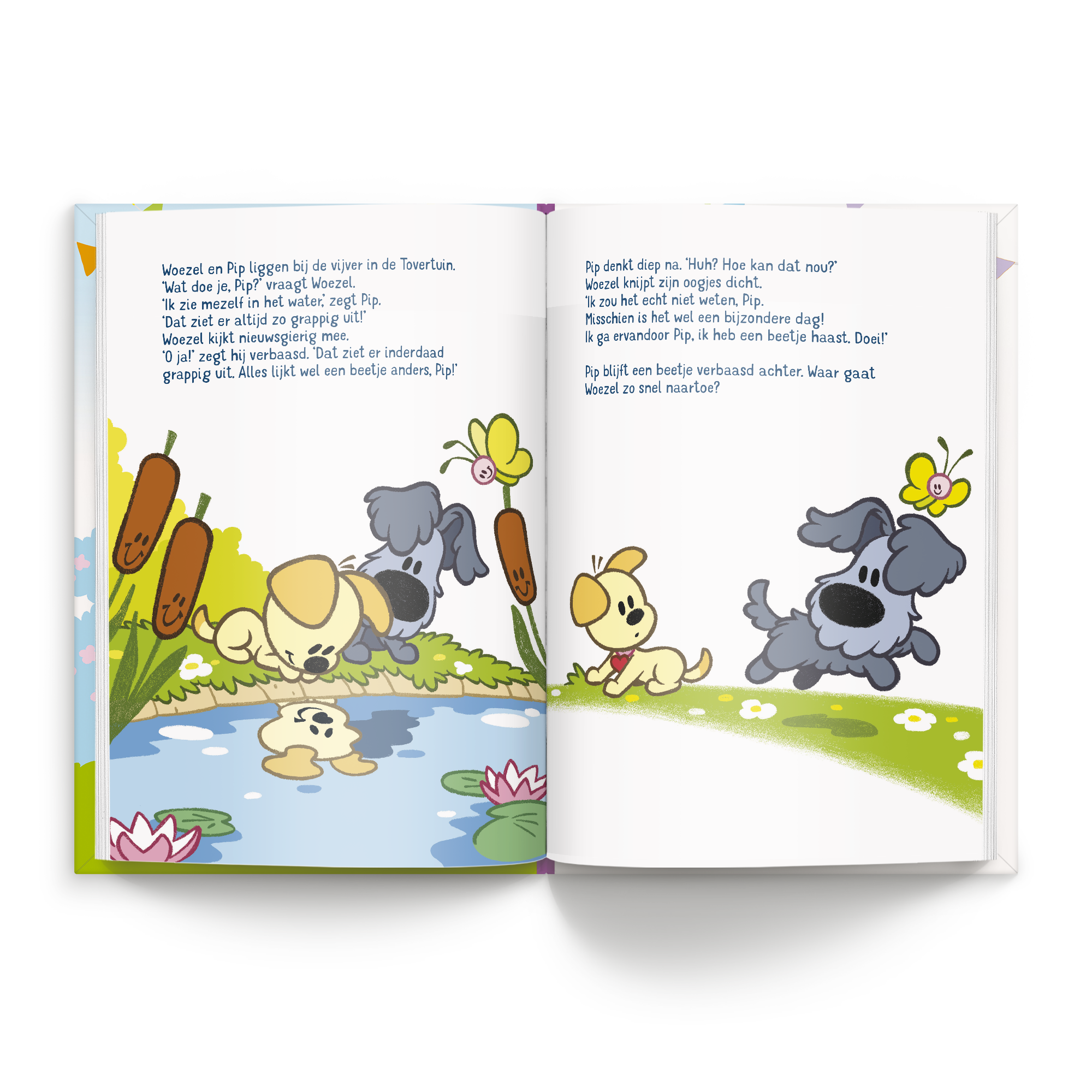 Woezel & Pip boek met naam en foto - Verjaardag - XL (Hardcover) met kleurrijke tekeningen van Woezel en Pip en waterlelies gepersonaliseerd met eigen tekst en foto.