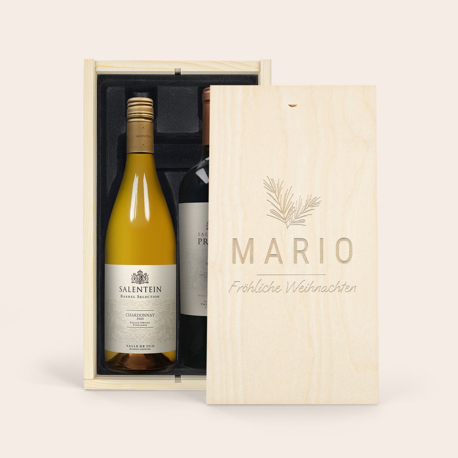 Wein Salentein Pinot Noir & Chardonnay Geschenkset Wein Geschenkset Belvy in Holzkiste mit graviertem Namen Mario und Fröhliche Weihnachten