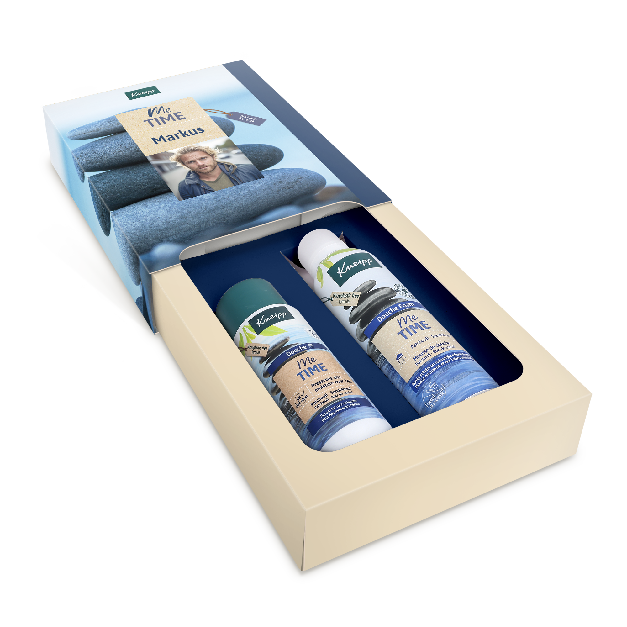 Personlig Kneipp Me-Time presentförpackning med en bild av Markus och namnet Markus tryckt på omslaget, innehållande två duschprodukter i Kneipp design.