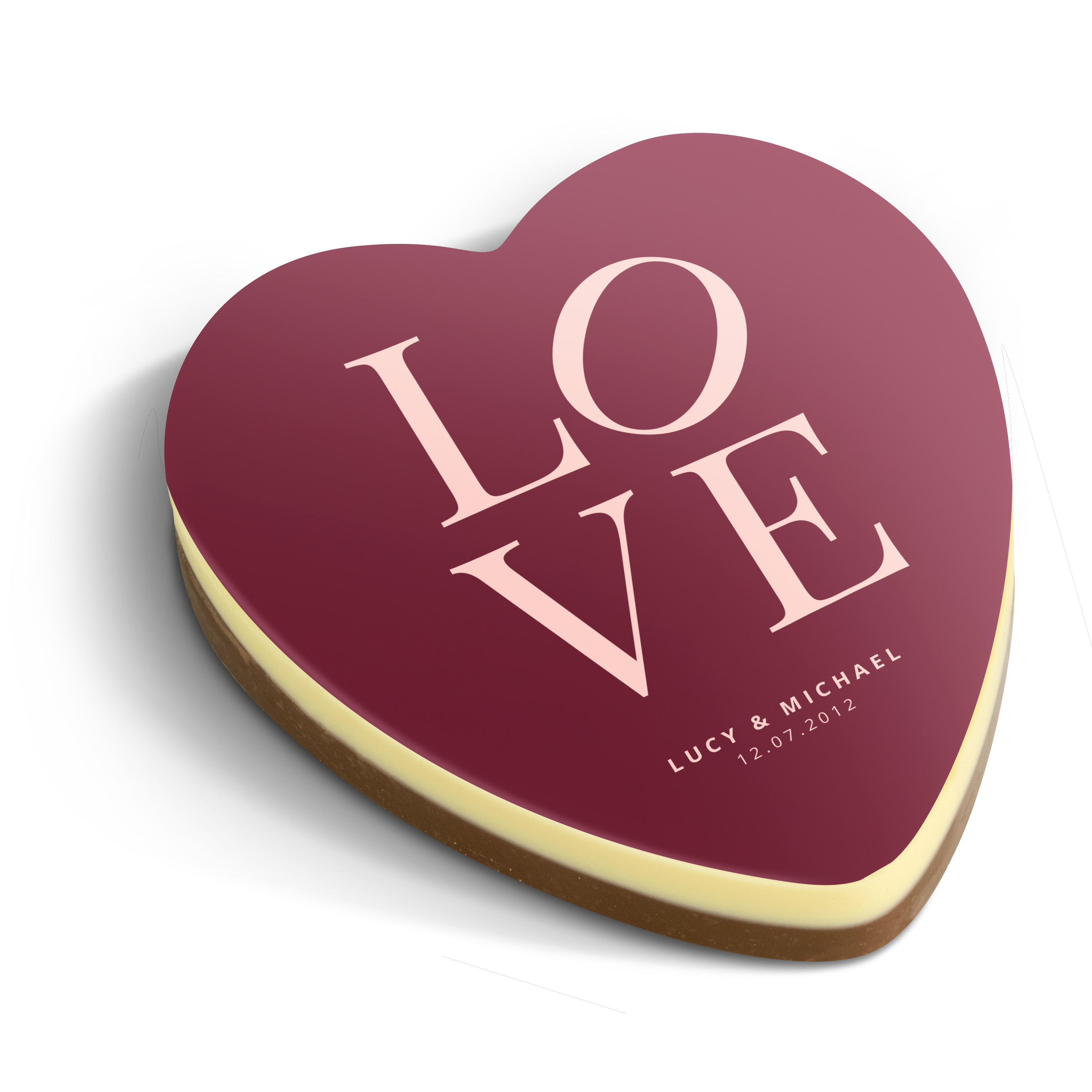 Personalized chocolate heart with "LOVE" printed in large letters and custom names and a date on a maroon background