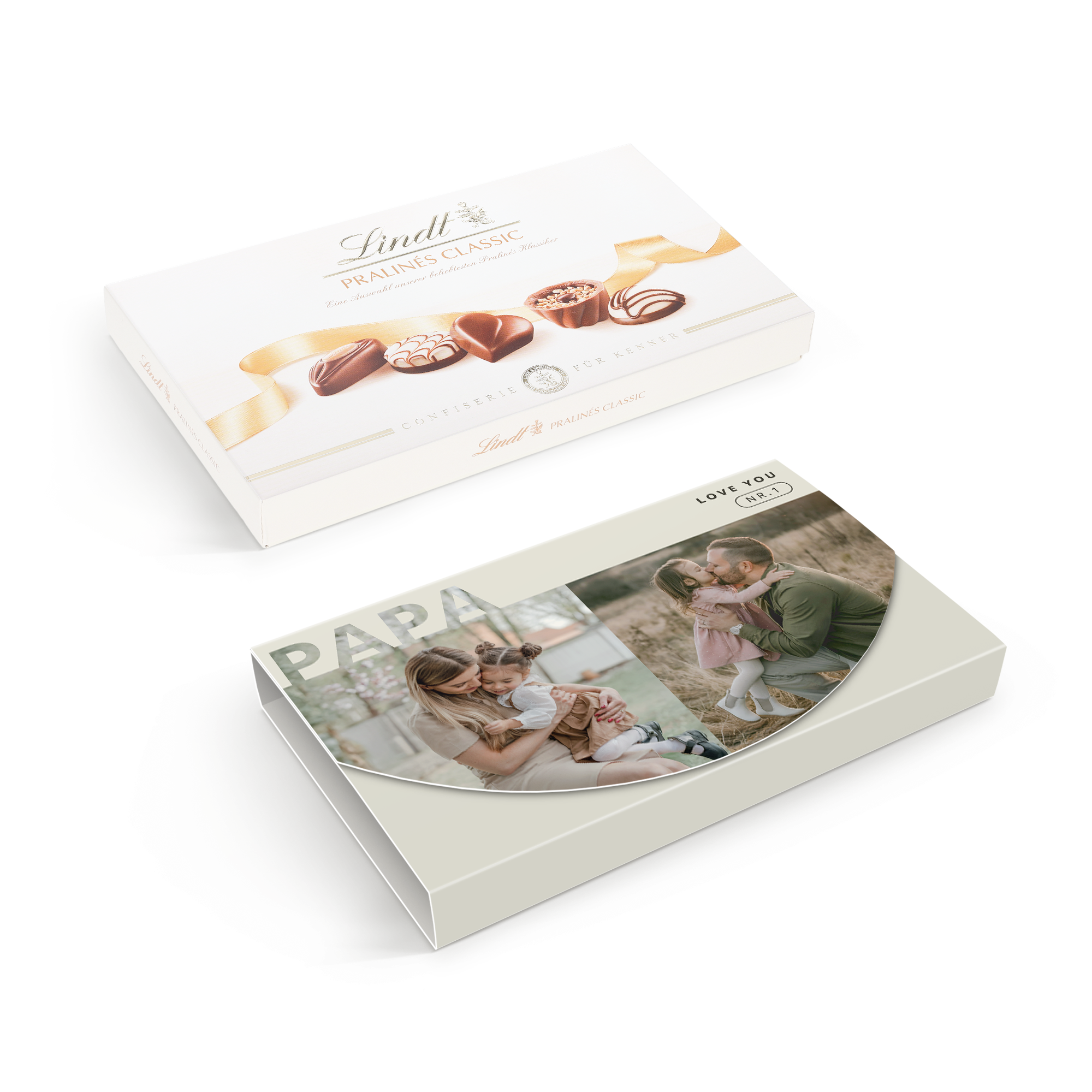 Lindt chocoladebox gepersonaliseerd met foto en de tekst "Papa" en "Love you Nr. 1" als blijvende herinnering.