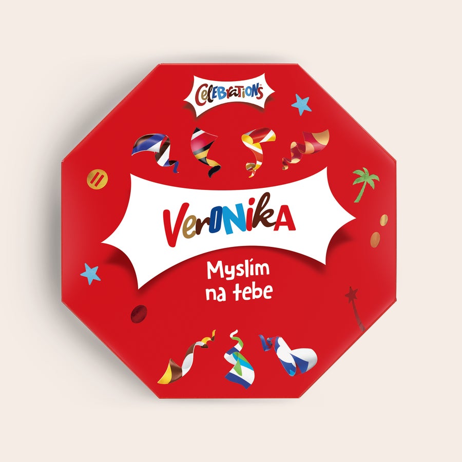 Krabička Celebrations se jménem Červená krabička Celebrations s potištěným jménem Veronika a textem