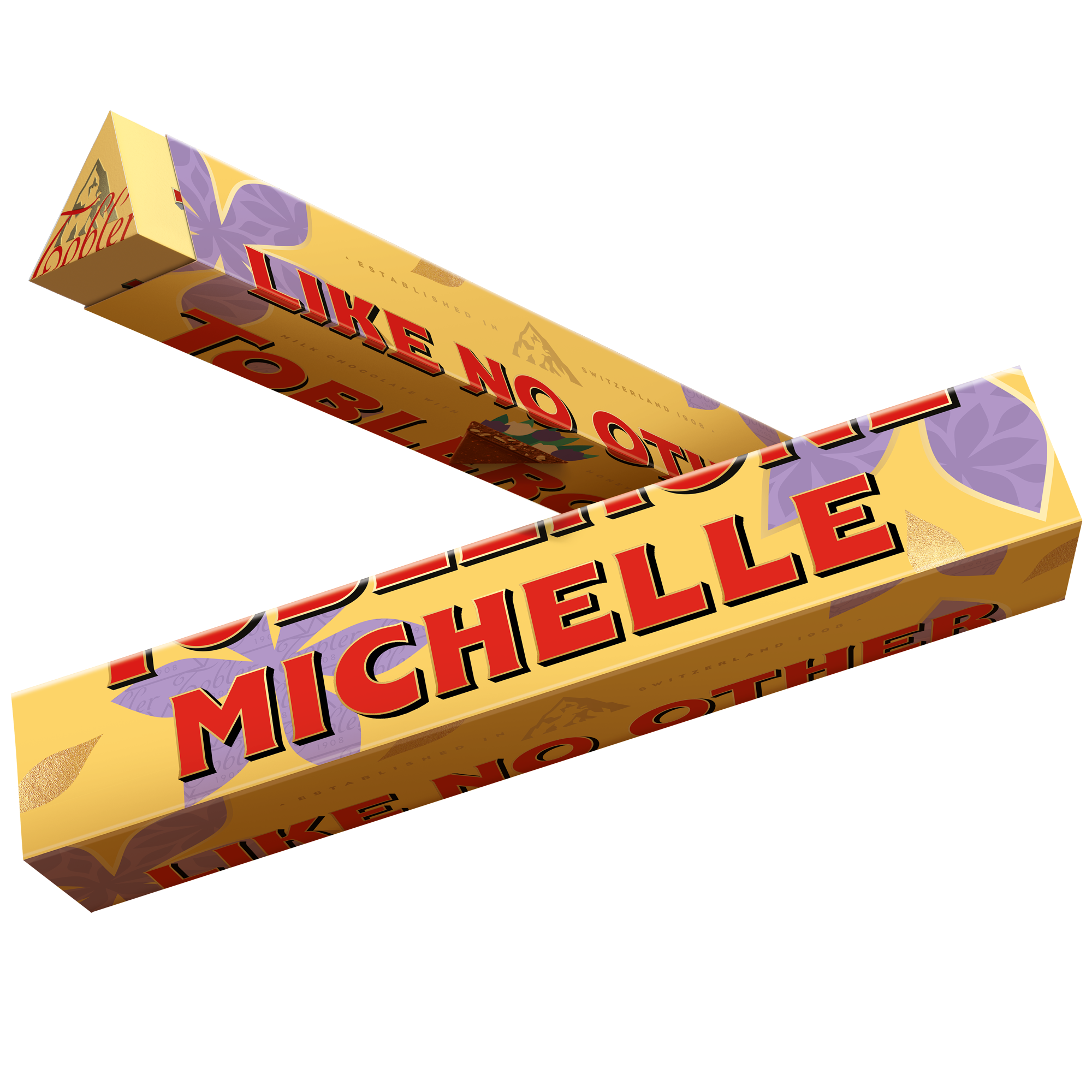 Personalisierte Toblerone Schokolade, bedruckt mit dem Namen Michelle in Rot auf gelber Verpackung