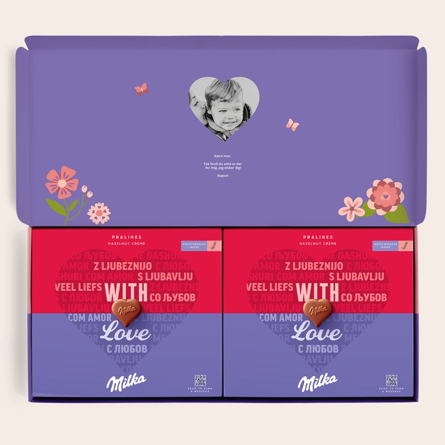 Milka Pralines Mors dag Sig det med Milka gaveæske til Mors Dag med trykt billede og tekst, fyldt med chokolade.