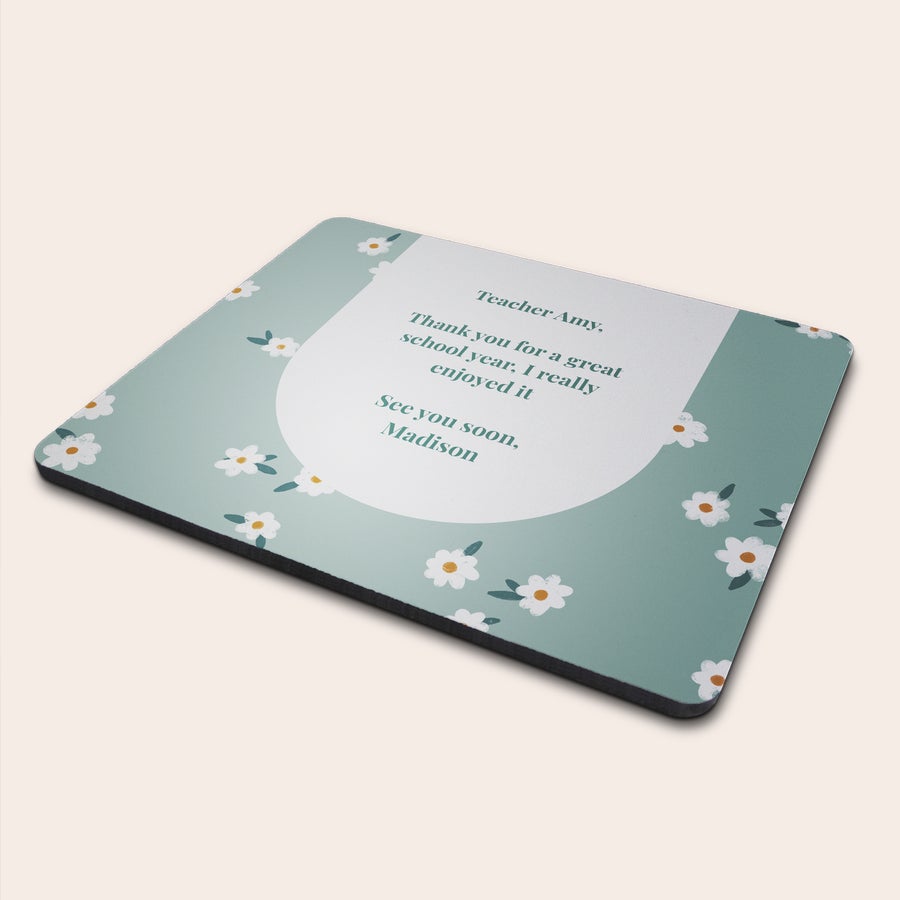 Musematte til læreren En unik musematte med bilde, blomstermønster og tekst trykt for læreren Amy