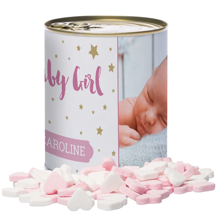 Personalised sweets tin – Baby Hearts - Girl - 350 grams Personalised sweets tin – Baby Hearts - Girl - 350 grams